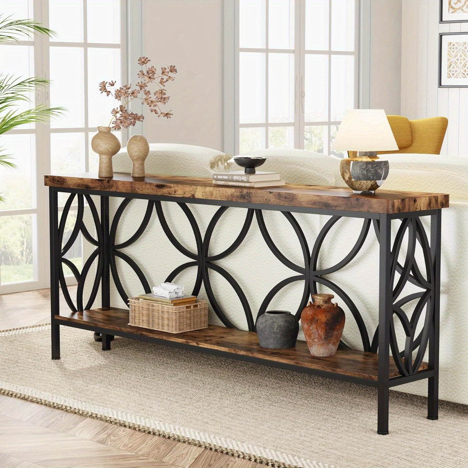 70.9-Inch Narrow Sofa Table, Modern Long Sofa Table Behind Couch, Entry Console Table with Storage for Entryway, Living Room, Foyer, Unique Design, Rustic Brown