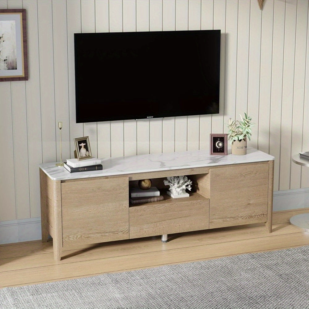 White Marble Top Scandinavian TV Stand Fit for 55/ 60/ 65 inch TVs, TV Entertainment Center 58 inch with Drawer and Cabinets Media Console for Living Room and Bedroom