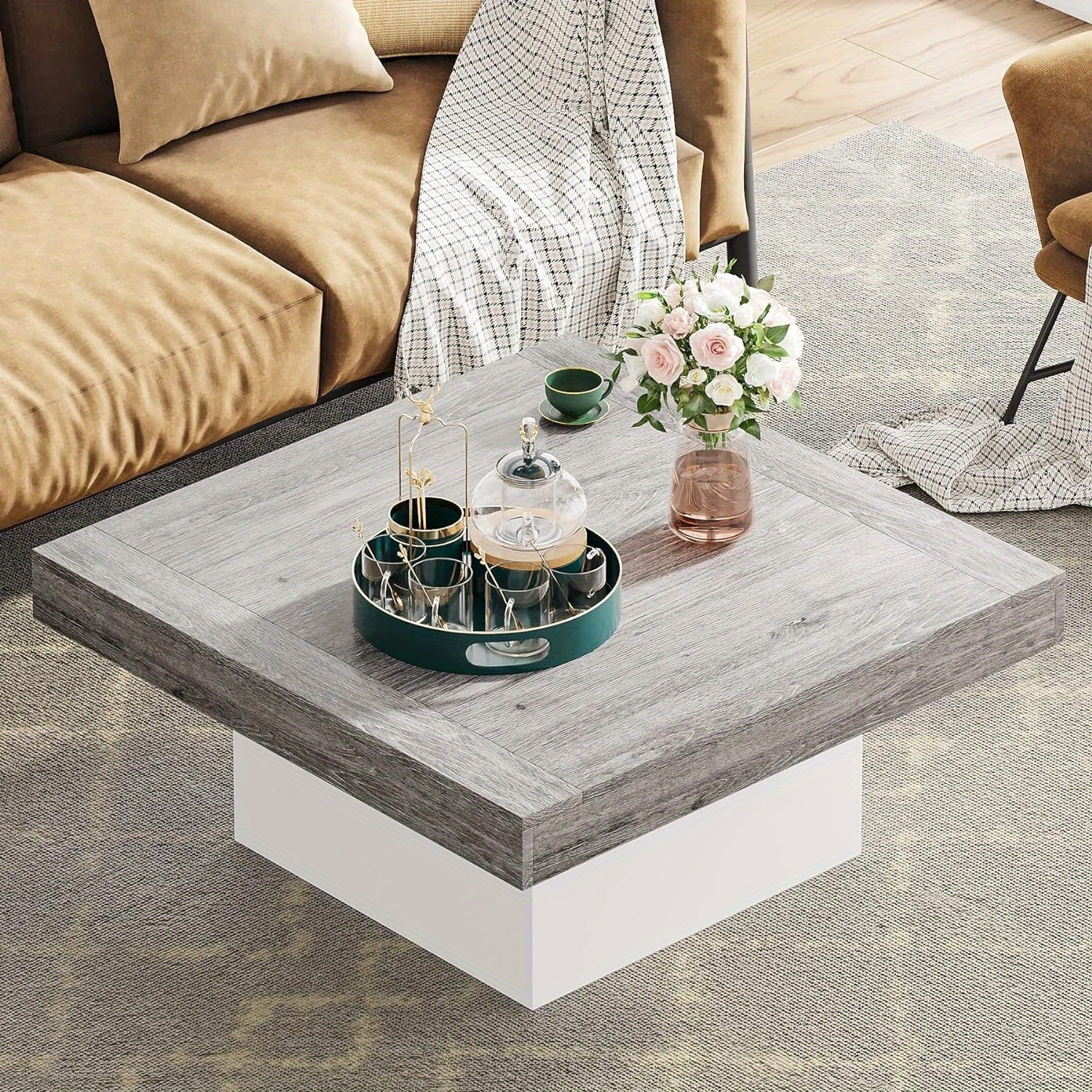 Coffee Table Square LED Coffee Table Engineered Wood Low Coffee Table for Living Room - Coffee Tables Westberry