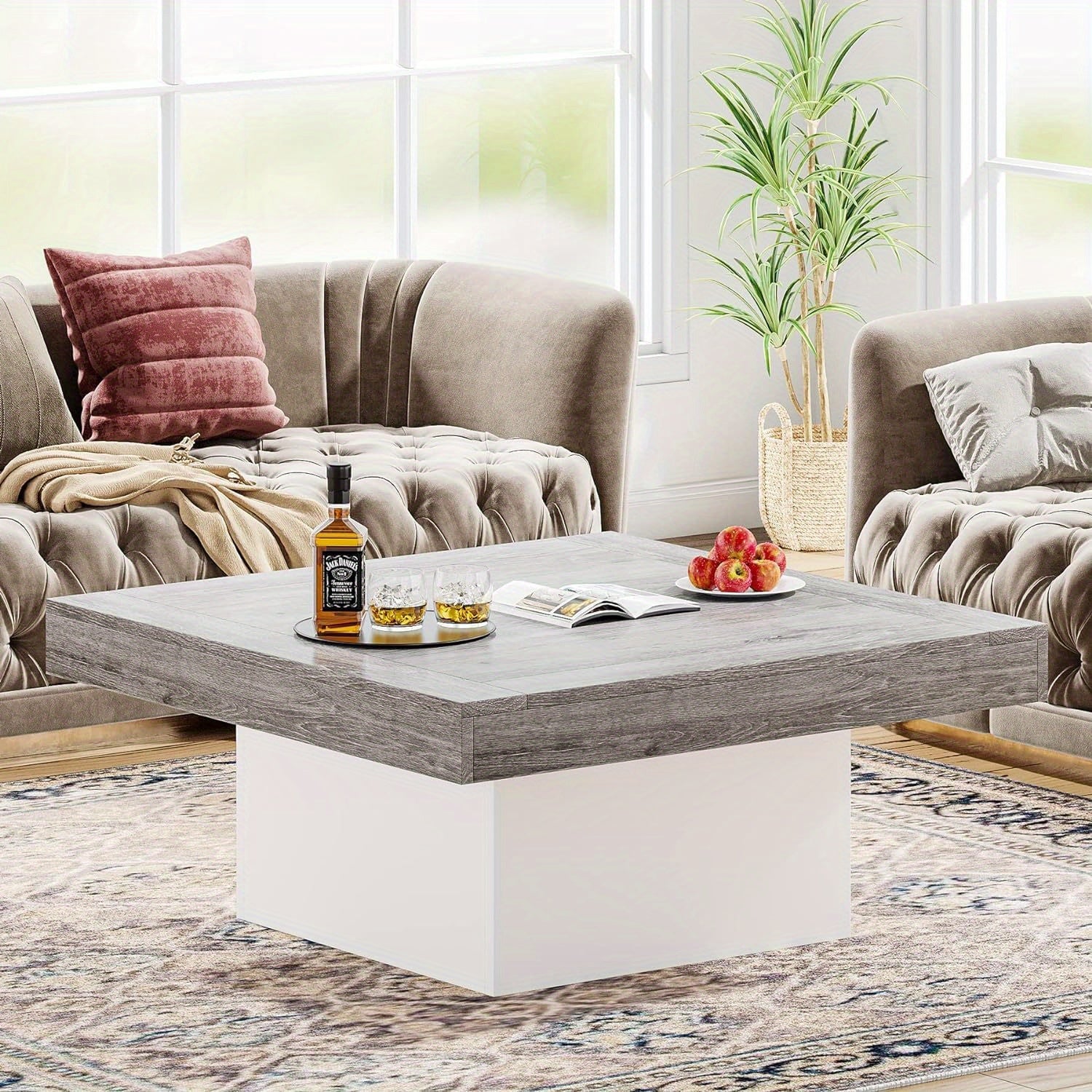 Coffee Table Square LED Coffee Table Engineered Wood Low Coffee Table for Living Room - Gray And White - Coffee Tables