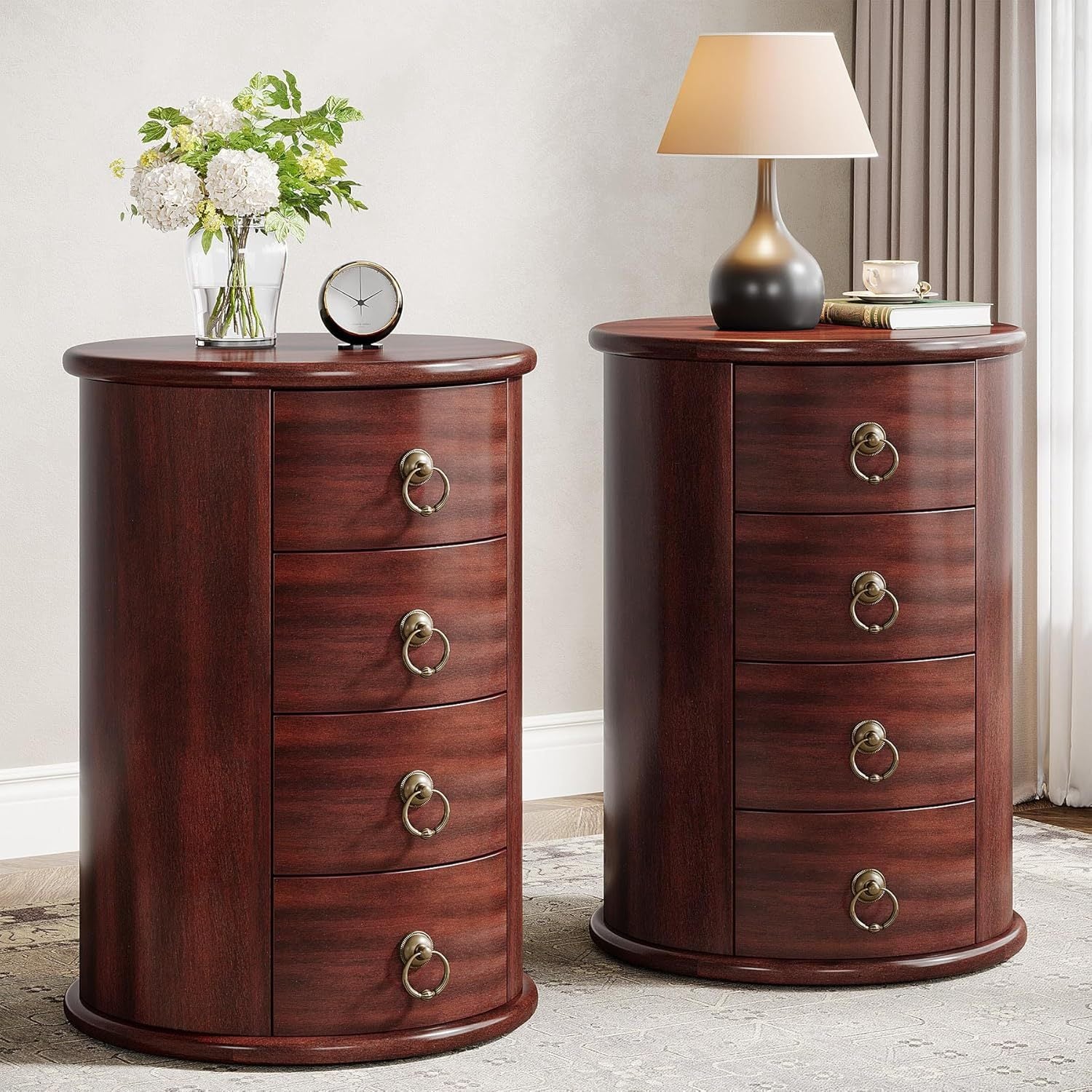 Solid Wood Nightstand, Round Night Stand with 4 Drawers, Rustic Bedside Table Tall Nightstand for Bedroom, Living Room, No Assembly Required (1)