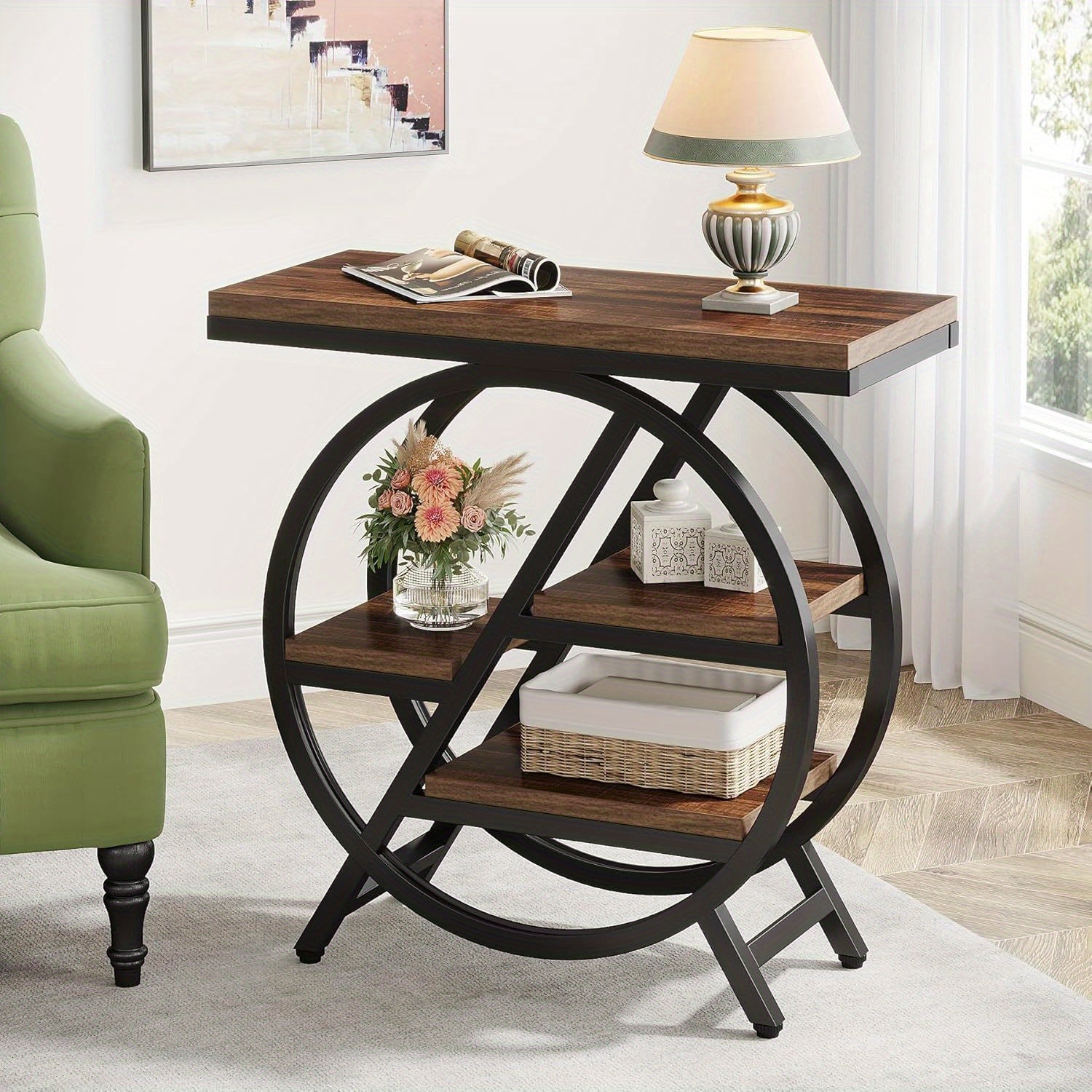 End Table for Living Room, 3-Tier Narrow Side Table with Storage, Wood Sofa Side Table with Geometric Metal Frame, Industrial Nightstand and Bedside Table for Bedroom