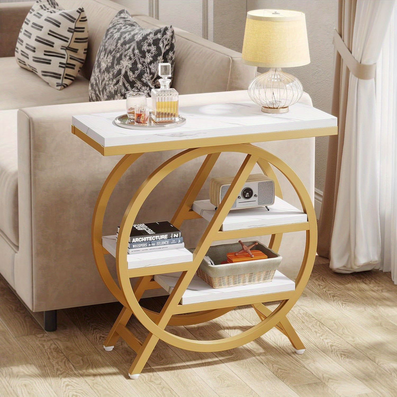 End Table for Living Room, 3-Tier Narrow Side Table with Storage, Wood Sofa Side Table with Geometric Metal Frame, Industrial Nightstand and Bedside Table for Bedroom