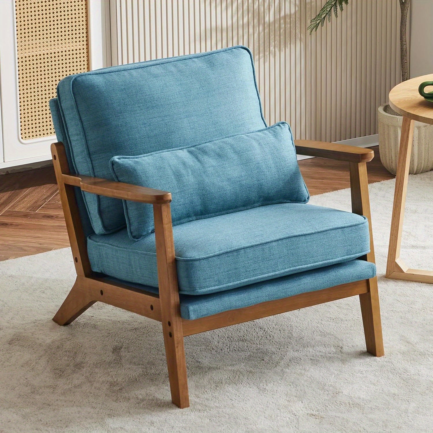 Mid-Century Lounge Chair Accent Chair Wide Armrest Armchair with Lumbar Pillow & Solid Wood Frame for Living Room, Bedroom, Balcony