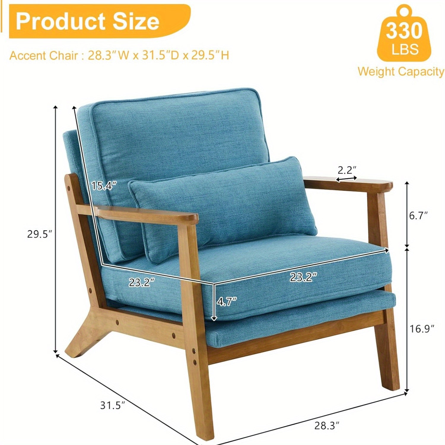 Mid-Century Lounge Chair Accent Chair Wide Armrest Armchair with Lumbar Pillow & Solid Wood Frame for Living Room, Bedroom, Balcony