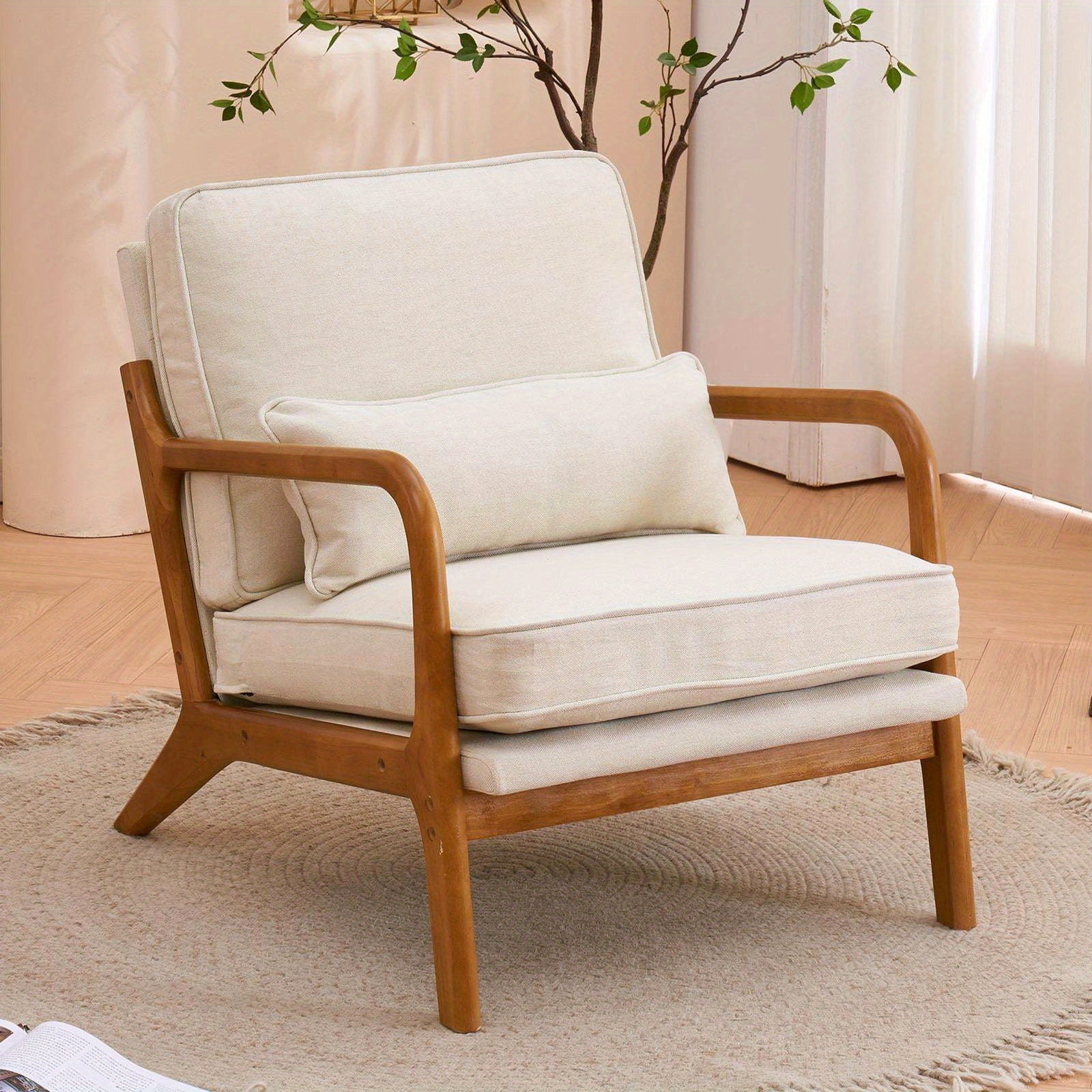 Low Back Mid Century Modern Accent Chair, Linen Fabric Armchair with Solid Wood Frame