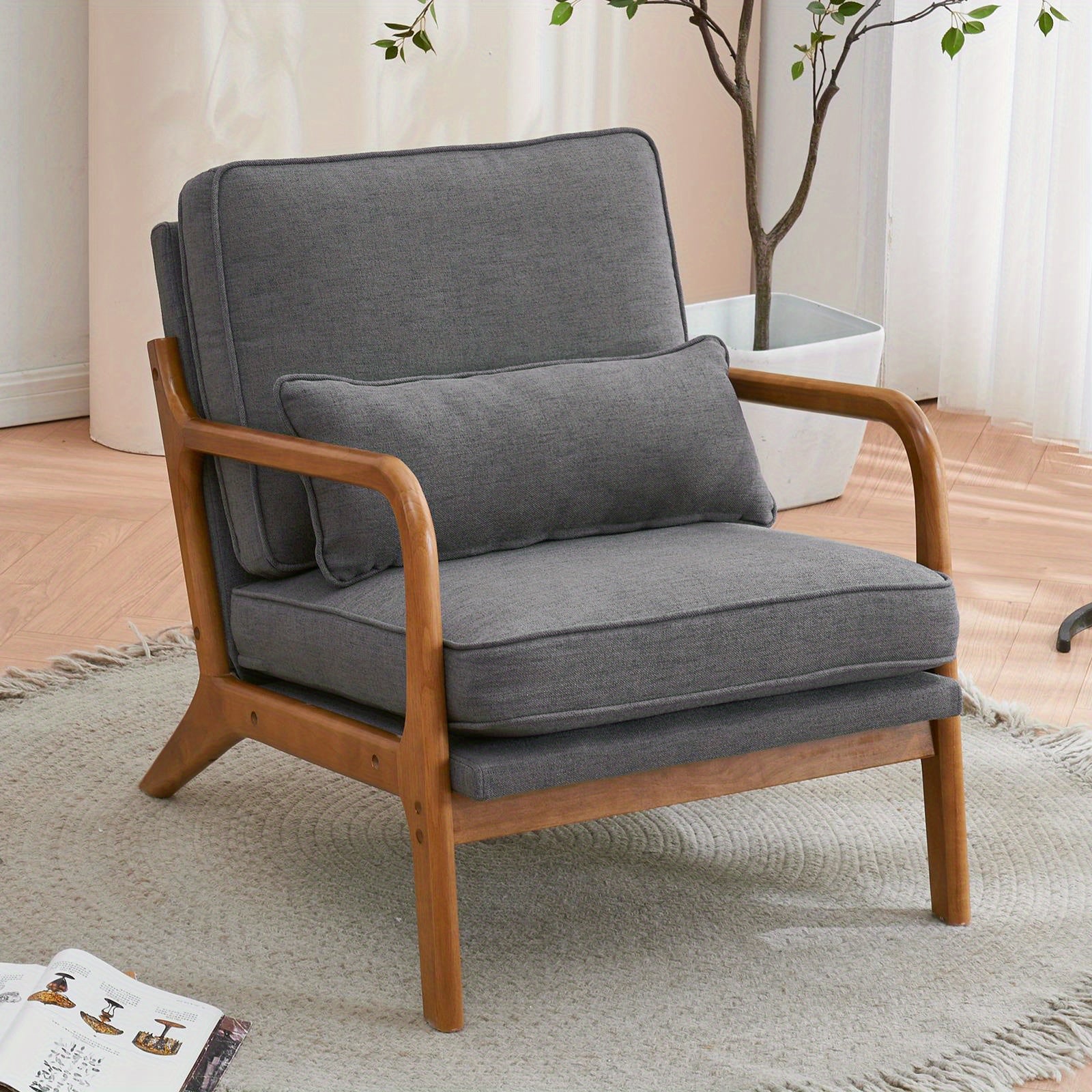 Low Back Mid Century Modern Accent Chair, Linen Fabric Armchair with Solid Wood Frame