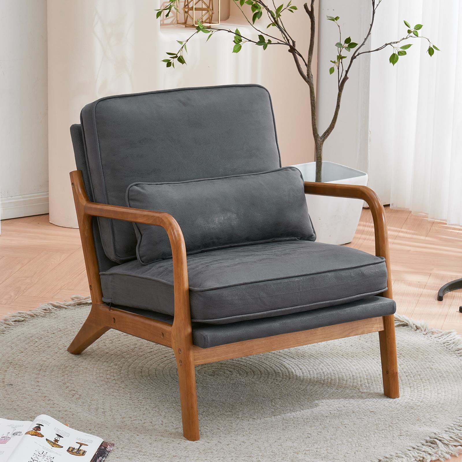 Low Back Mid Century Modern Accent Chair, Linen Fabric Armchair with Solid Wood Frame