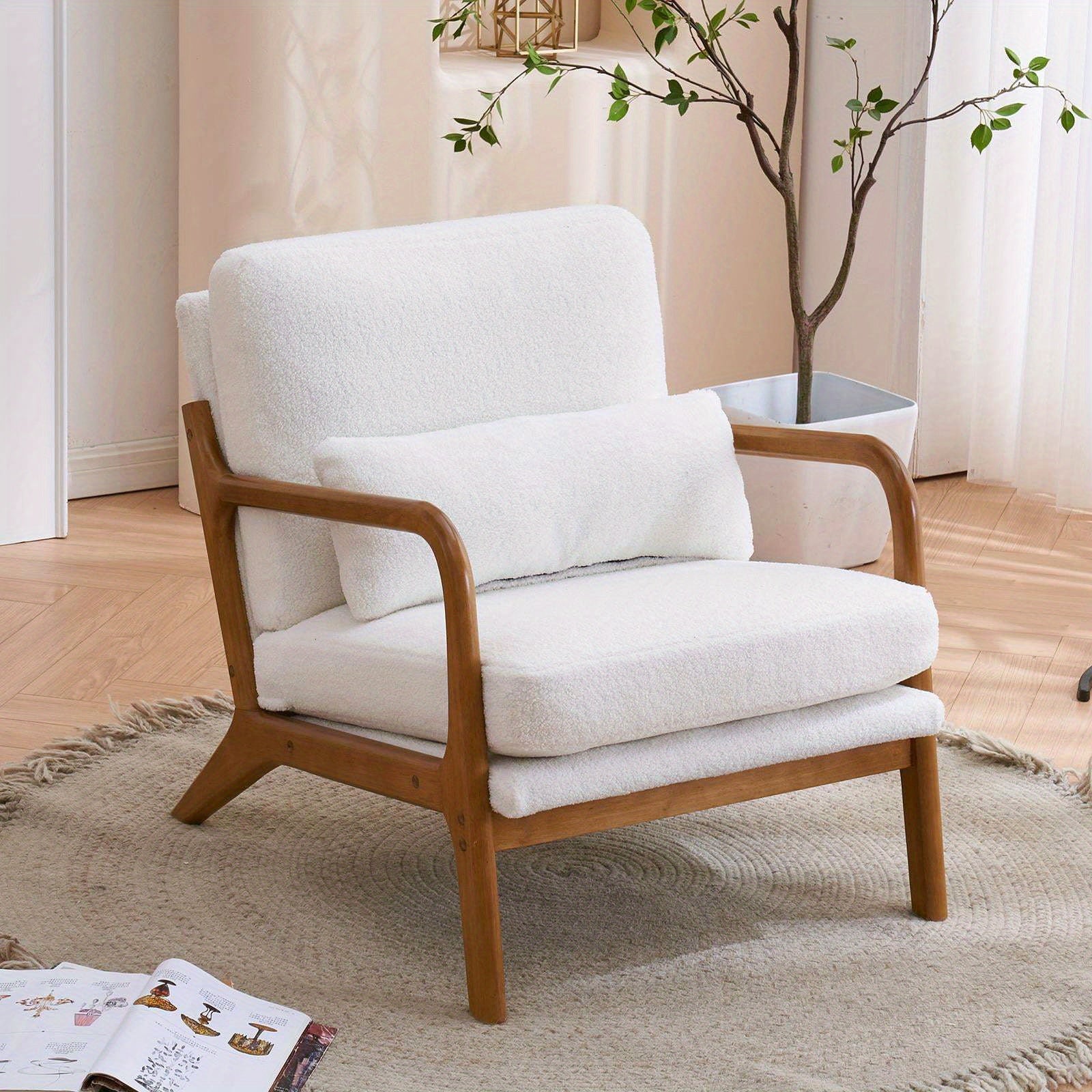 Low Back Mid Century Modern Accent Chair, Linen Fabric Armchair with Solid Wood Frame