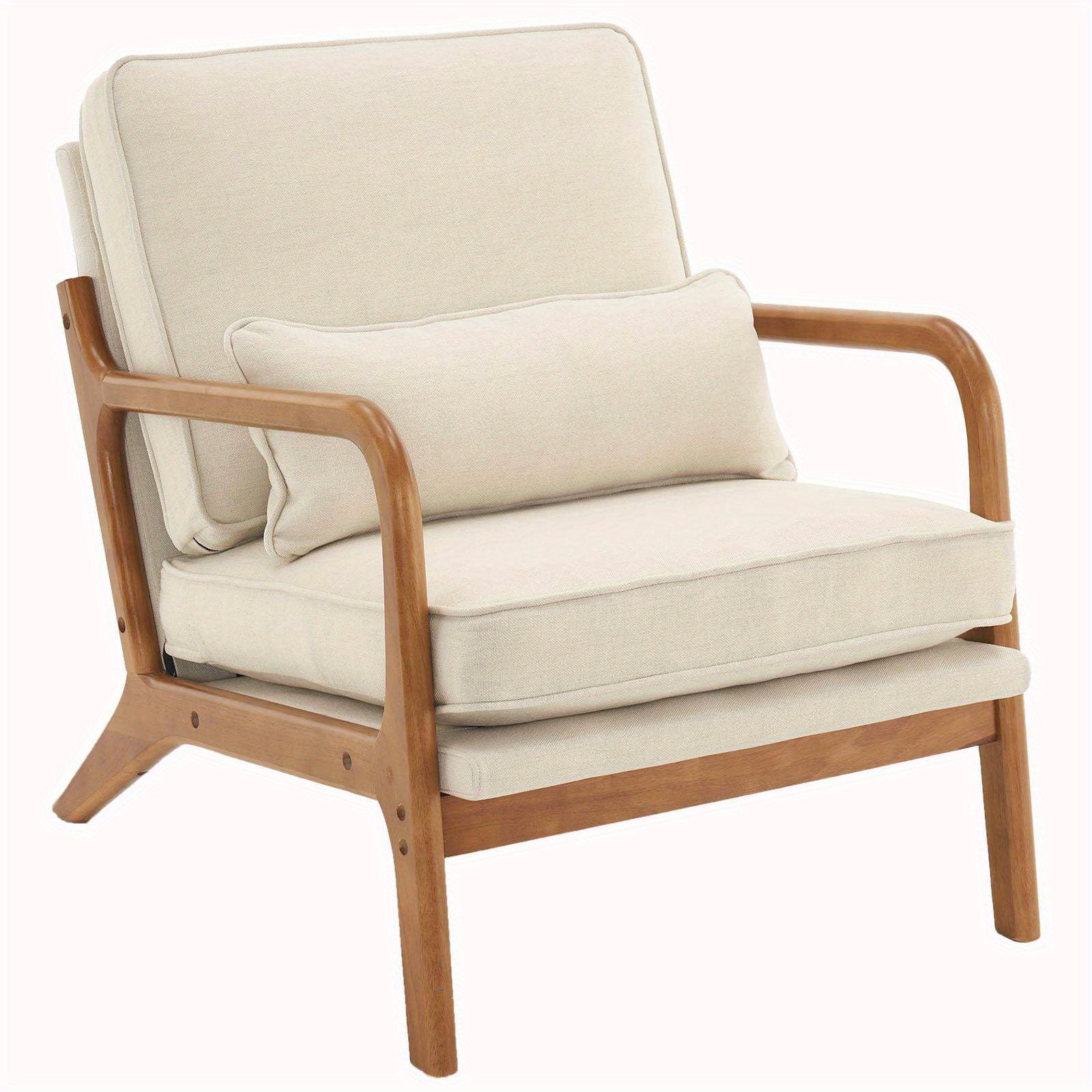 Low Back Mid Century Modern Accent Chair, Linen Fabric Armchair with Solid Wood Frame