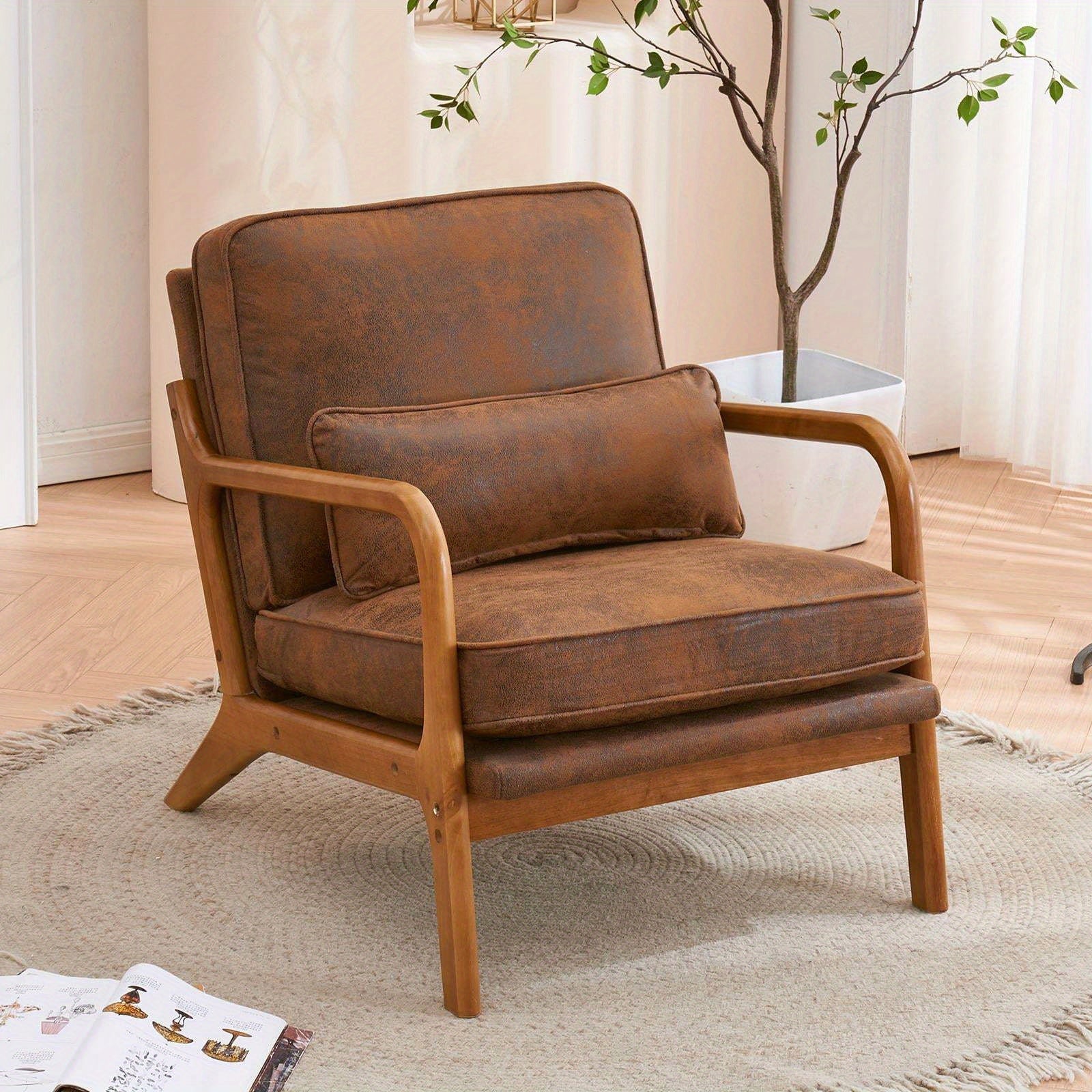 Low Back Mid Century Modern Accent Chair, Linen Fabric Armchair with Solid Wood Frame