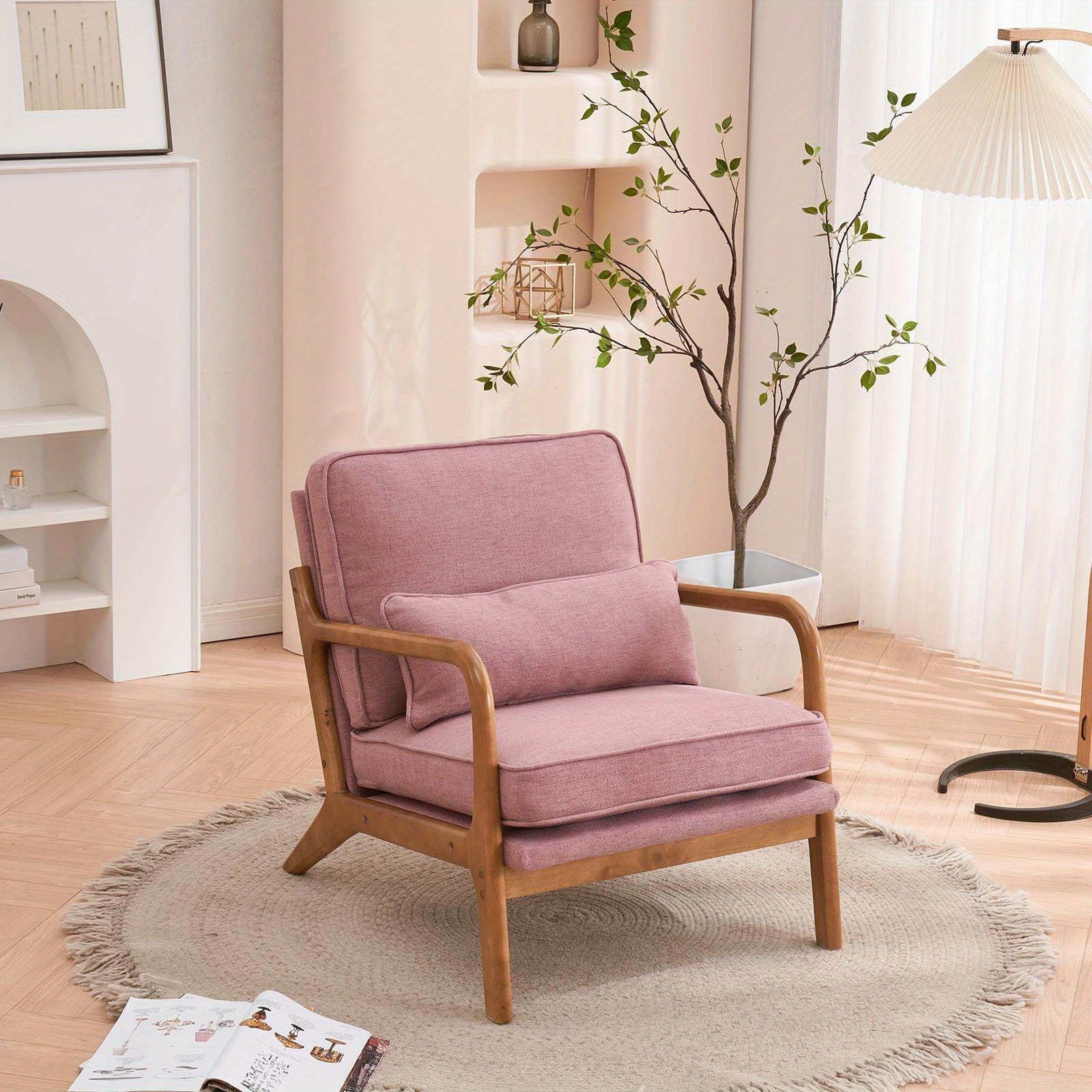 Low Back Mid Century Modern Accent Chair, Linen Fabric Armchair with Solid Wood Frame