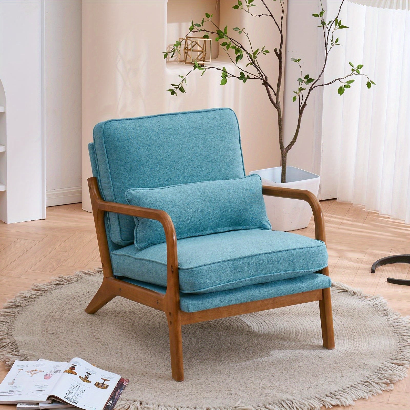 Low Back Mid Century Modern Accent Chair, Linen Fabric Armchair with Solid Wood Frame