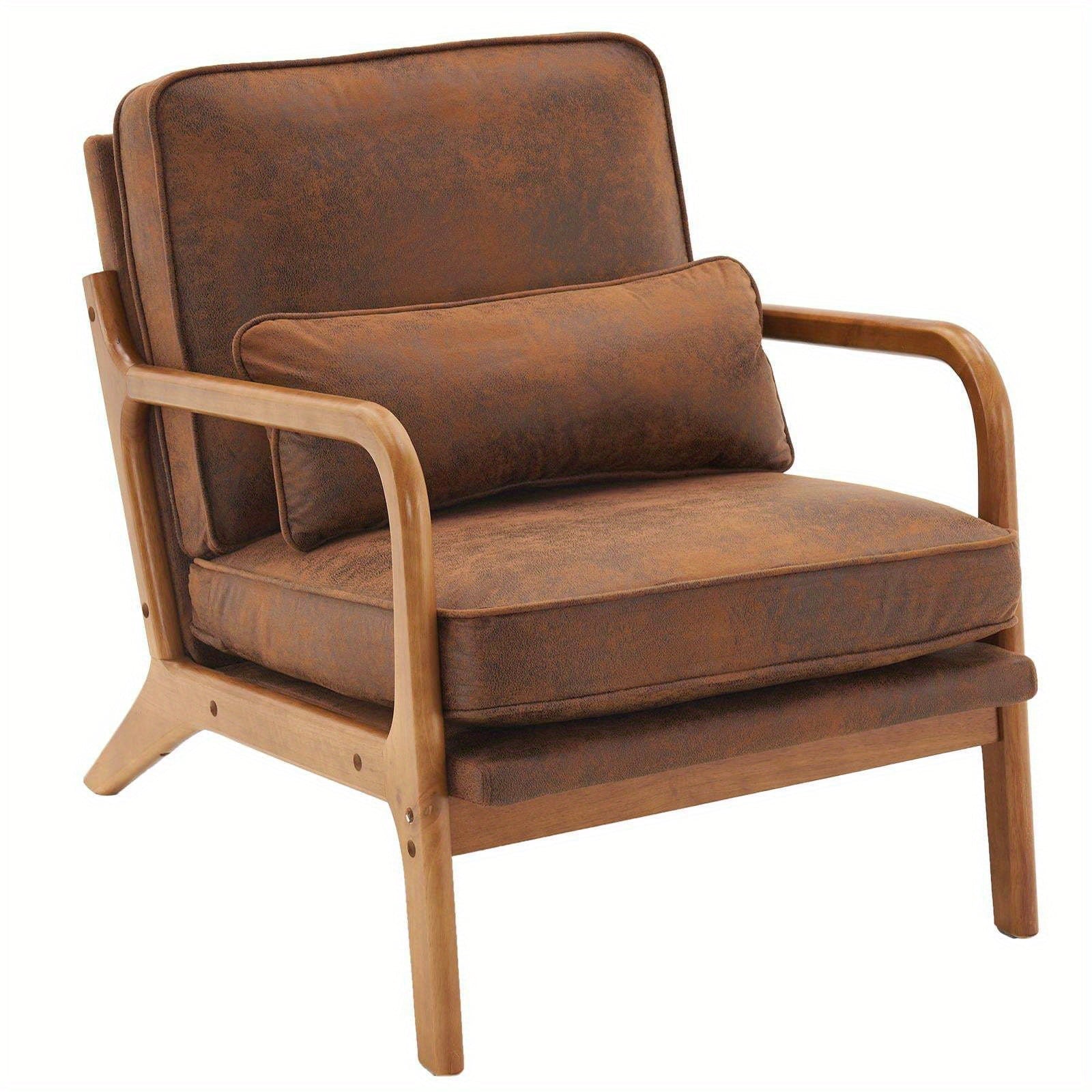 Low Back Mid Century Modern Accent Chair, Linen Fabric Armchair with Solid Wood Frame