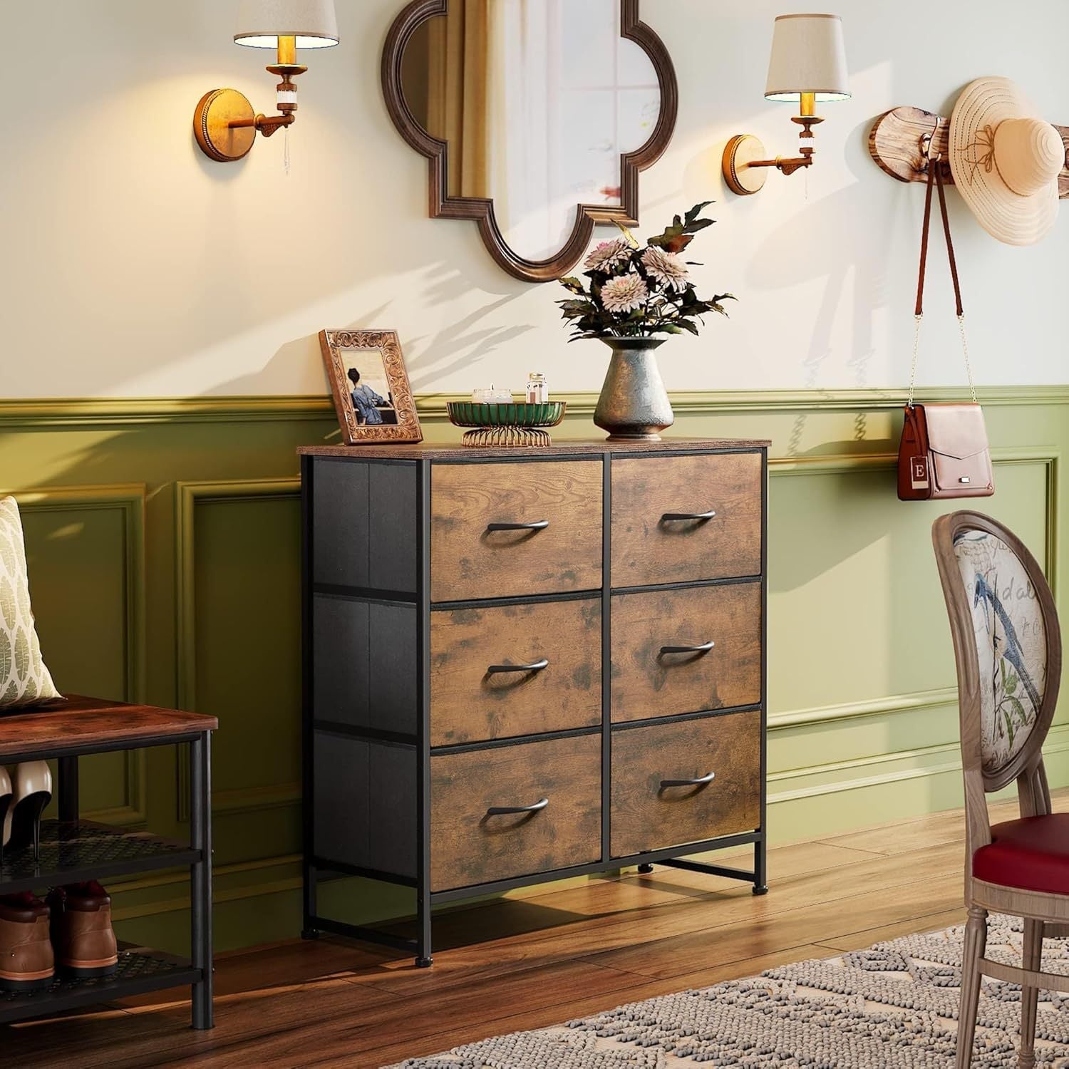 Fabric Dresser for Bedroom 6 Drawer Double Dresser Storage Tower with Fabric Bins Chest of Drawers for Closet Living