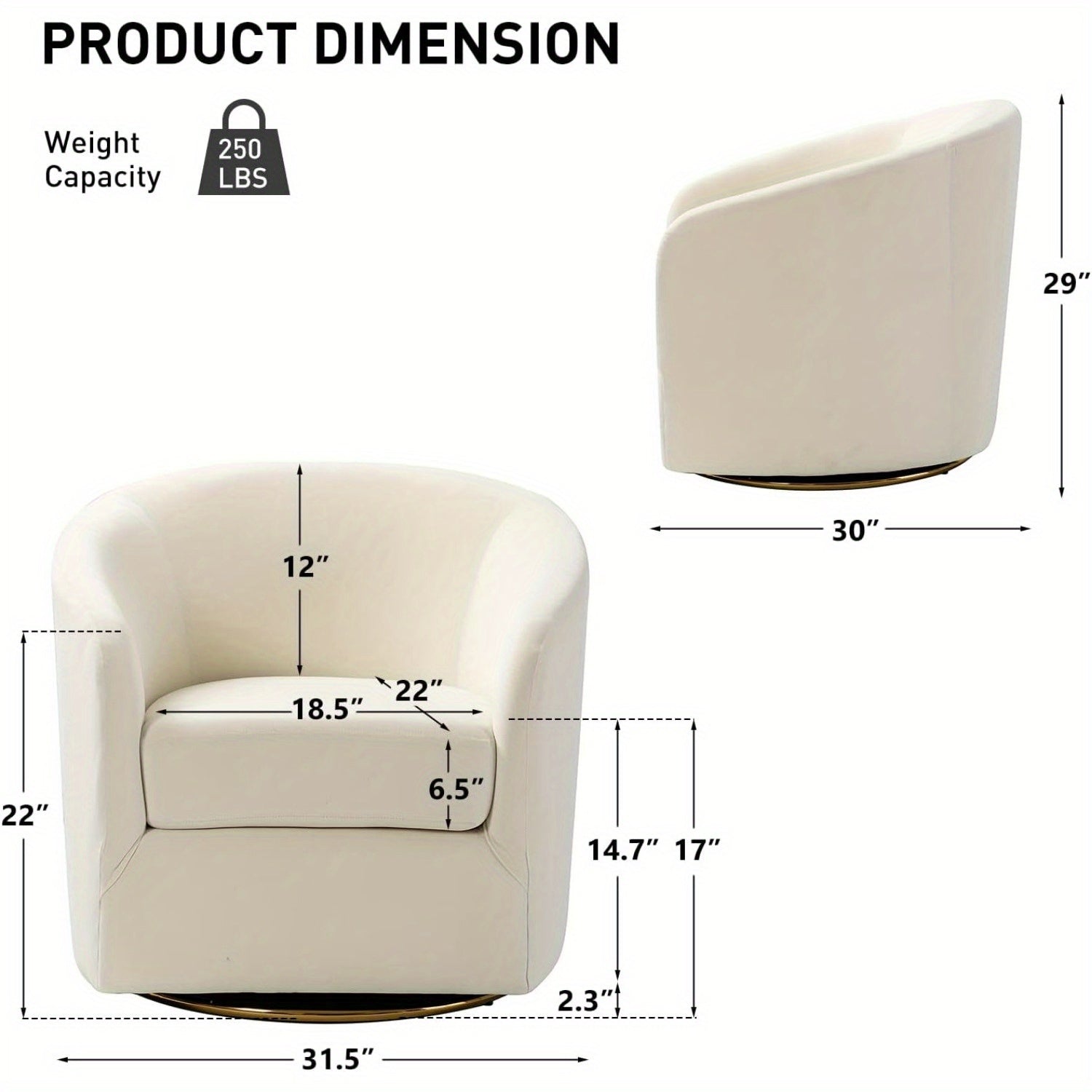 Swivel Accent Chair with Gold Metal Base, Contemporary Velvet Curved Swivel Barrel Chair, Upholstered Club Armchair, Leisure Single Sofa for Living Room, Nursery, Bedroom (Ivory)