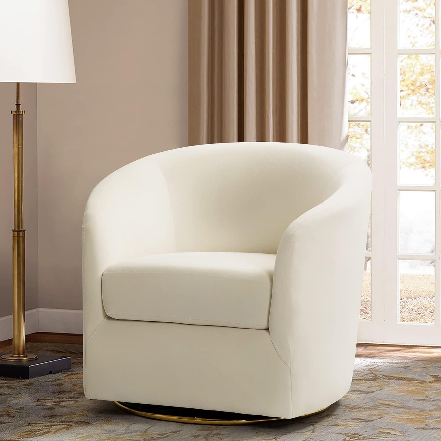 Swivel Accent Chair with Gold Metal Base, Contemporary Velvet Curved Swivel Barrel Chair, Upholstered Club Armchair, Leisure Single Sofa for Living Room, Nursery, Bedroom (Ivory)