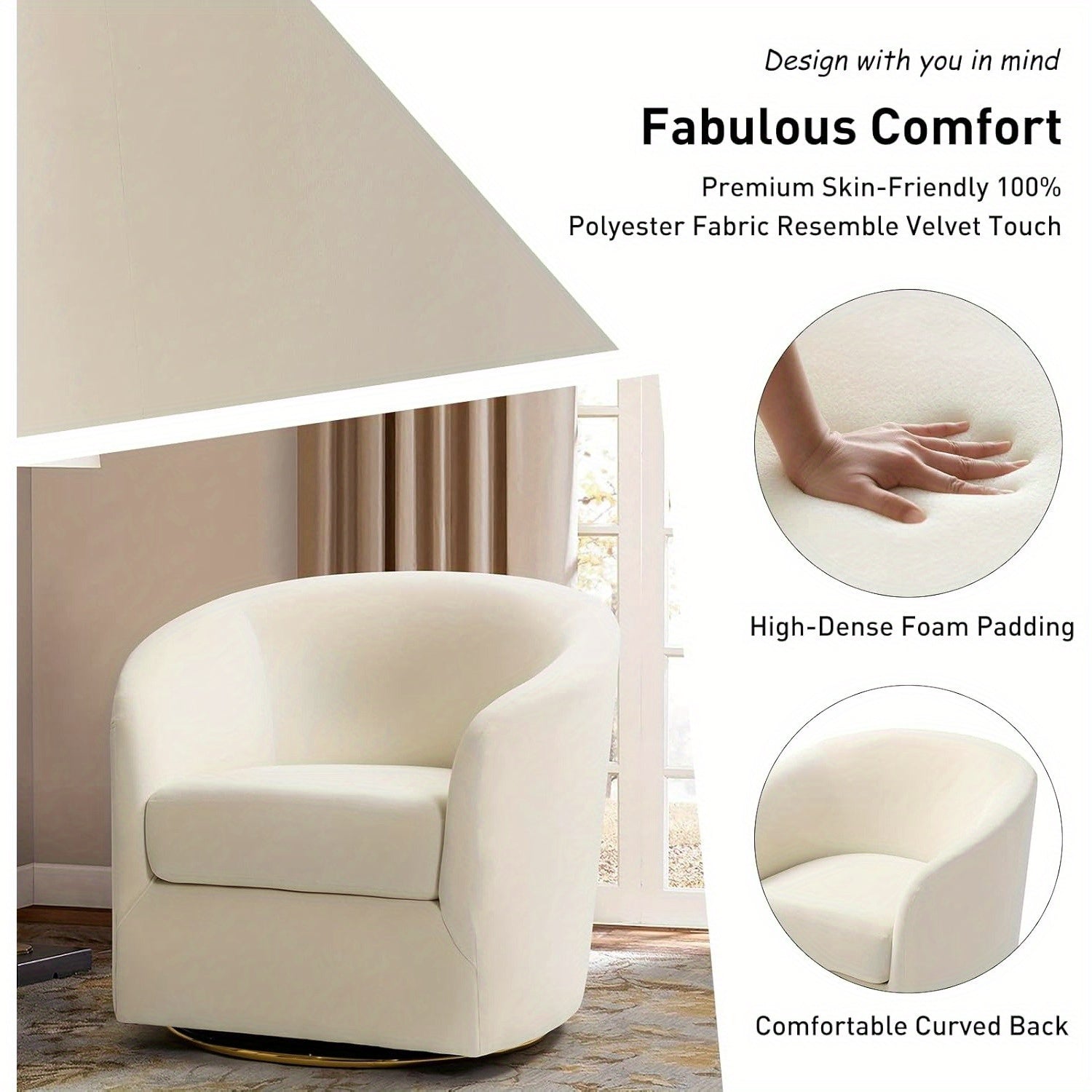 Swivel Accent Chair with Gold Metal Base, Contemporary Velvet Curved Swivel Barrel Chair, Upholstered Club Armchair, Leisure Single Sofa for Living Room, Nursery, Bedroom (Ivory)