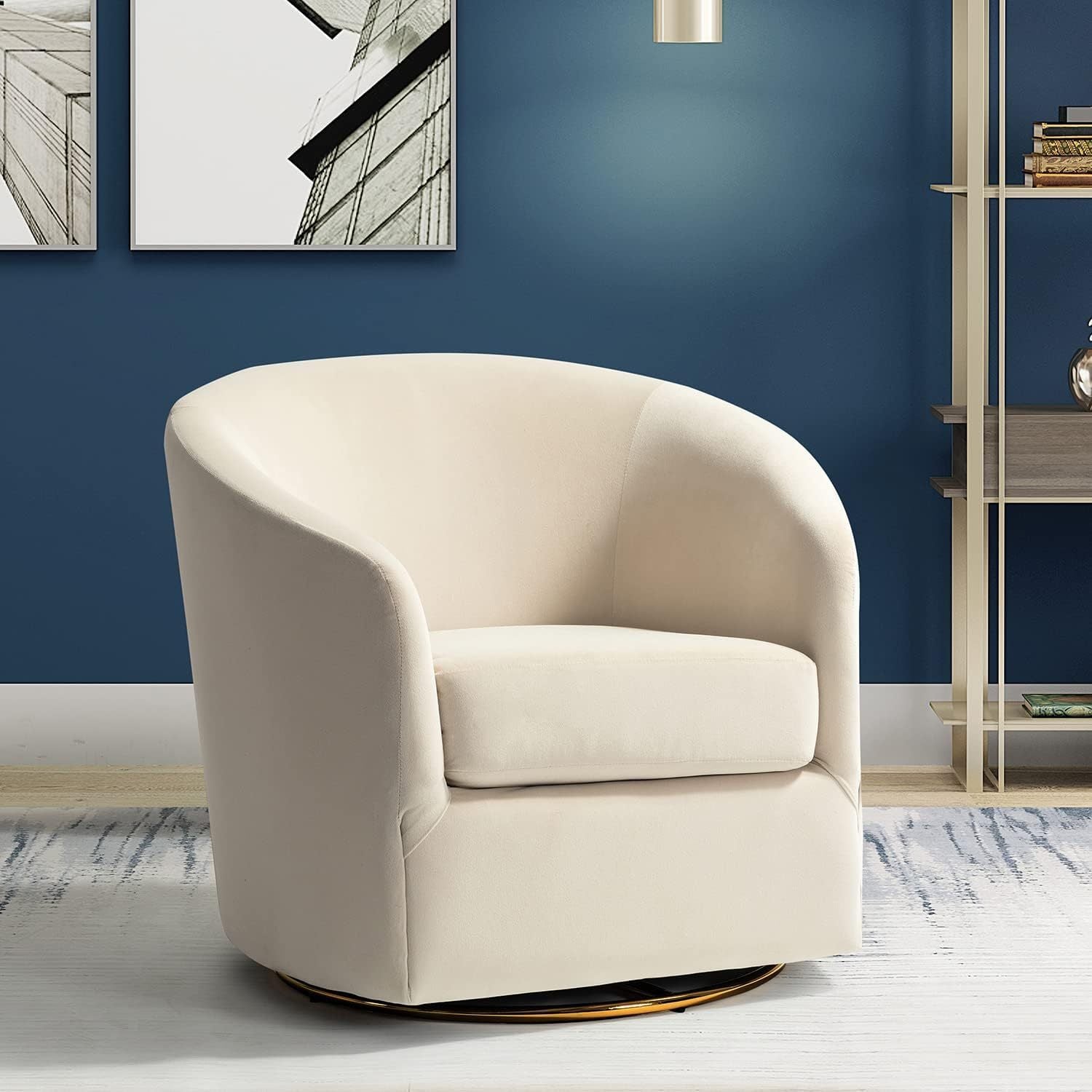 Swivel Accent Chair with Gold Metal Base, Contemporary Velvet Curved Swivel Barrel Chair, Upholstered Club Armchair, Leisure Single Sofa for Living Room, Nursery, Bedroom (Ivory)