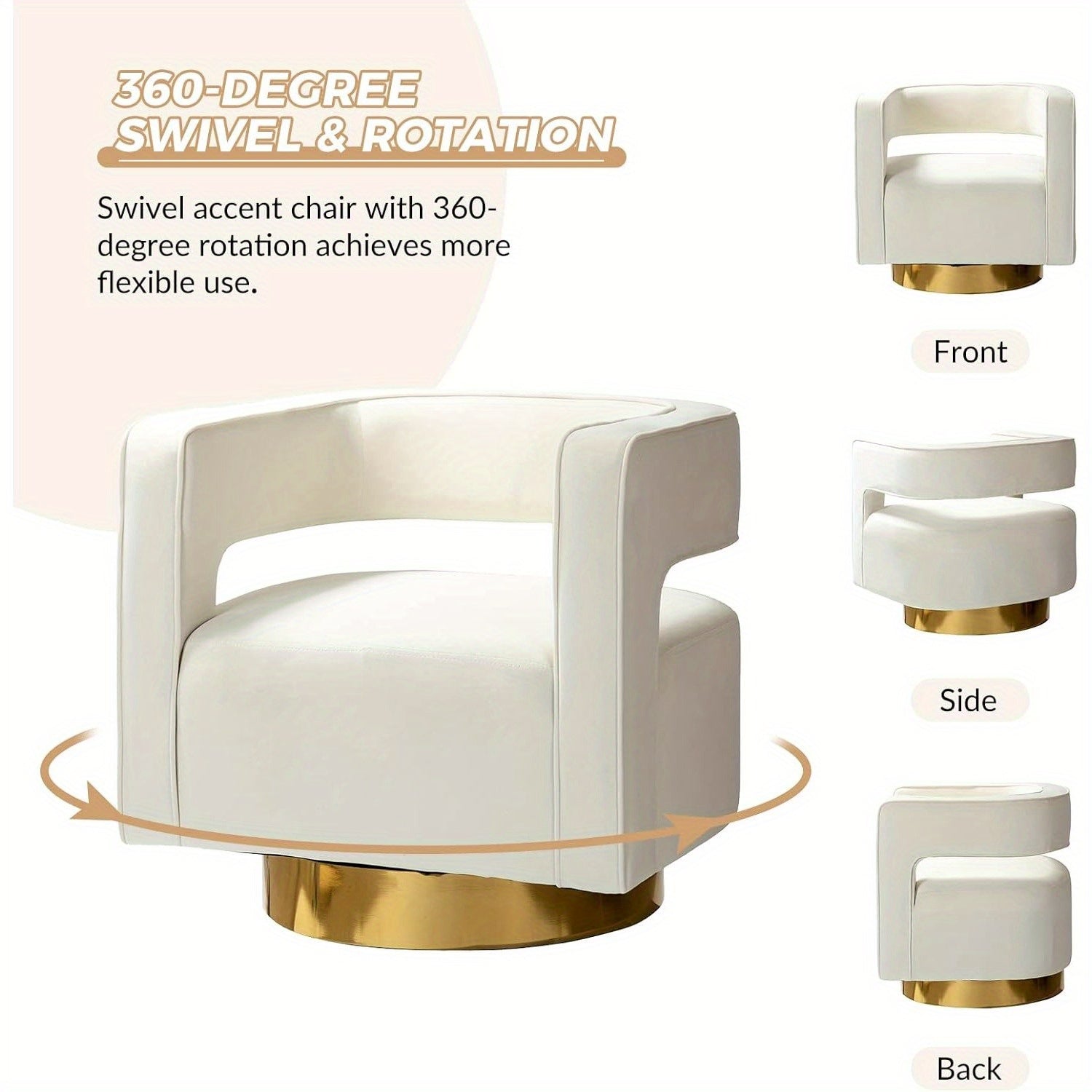 Swivel Accent Barrel Chair, Modern Velvet Armchair with 3D Curved Open Back & Swivel Gold Metal Base, Upholstered Club Chair for Living Room Bedroom Nursery, Ivory (No Assembly Required)