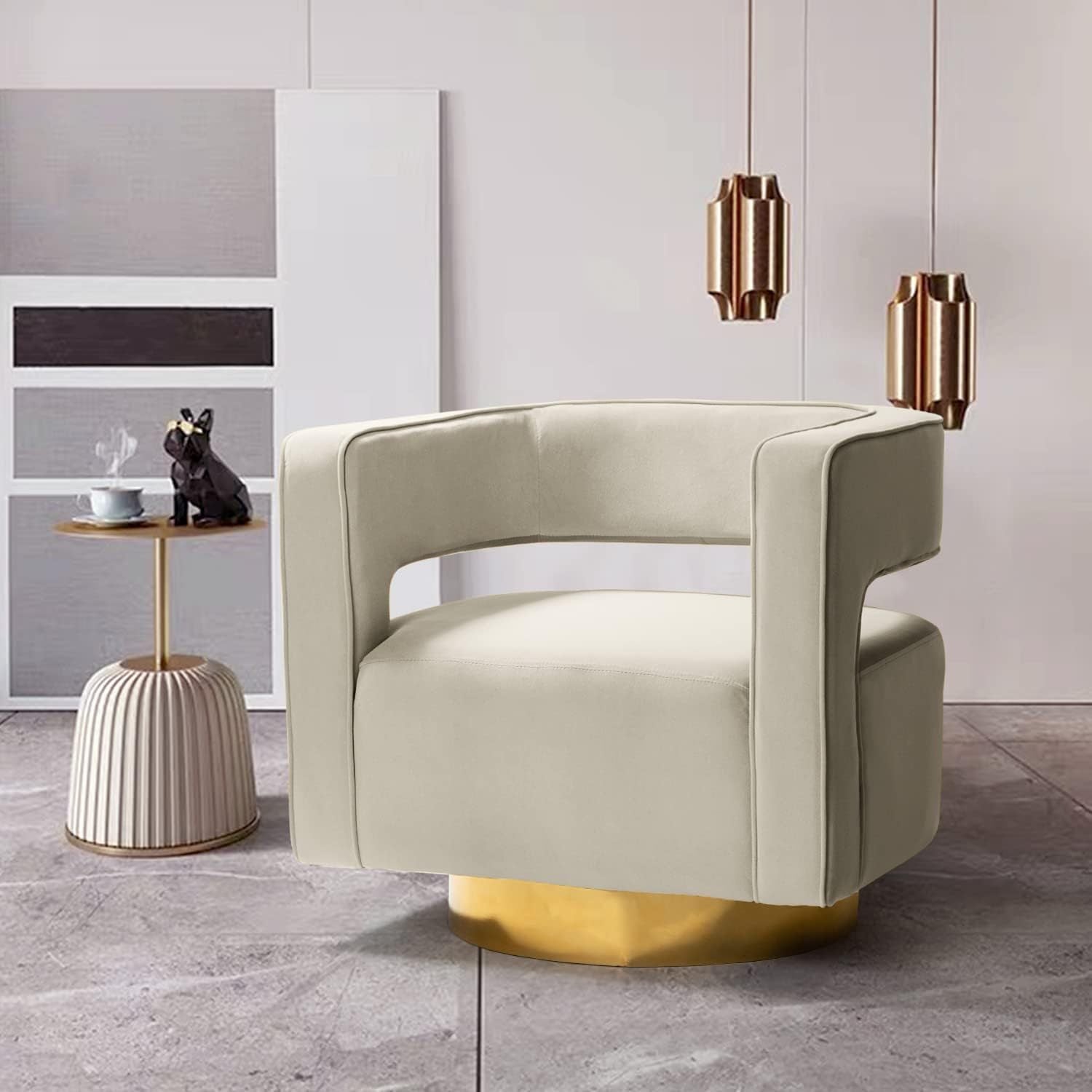 Swivel Accent Barrel Chair, Modern Velvet Armchair with 3D Curved Open Back & Swivel Gold Metal Base, Upholstered Club Chair for Living Room Bedroom Nursery, Ivory (No Assembly Required)