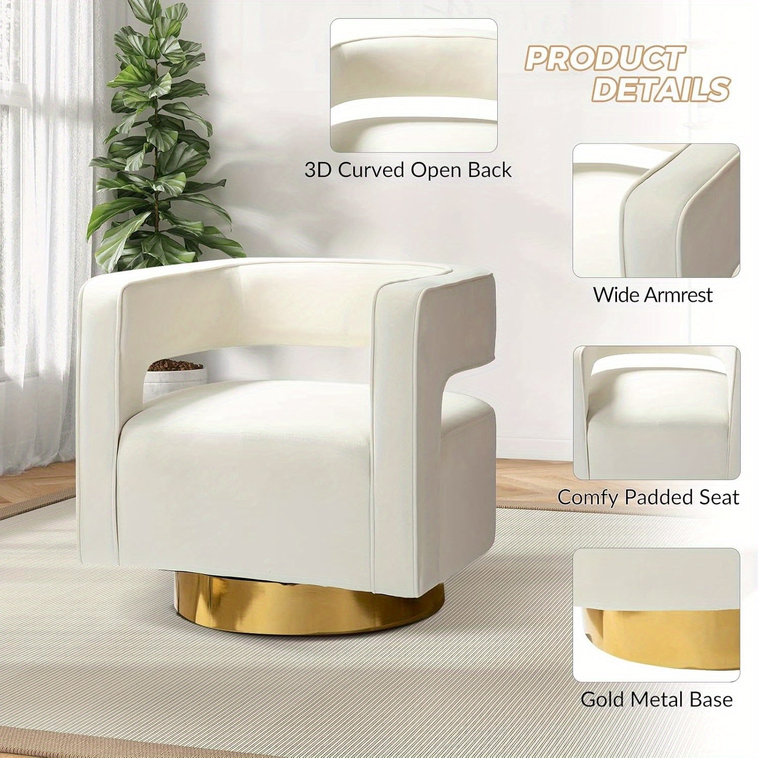 Swivel Accent Barrel Chair, Modern Velvet Armchair with 3D Curved Open Back & Swivel Gold Metal Base, Upholstered Club Chair for Living Room Bedroom Nursery, Ivory (No Assembly Required)