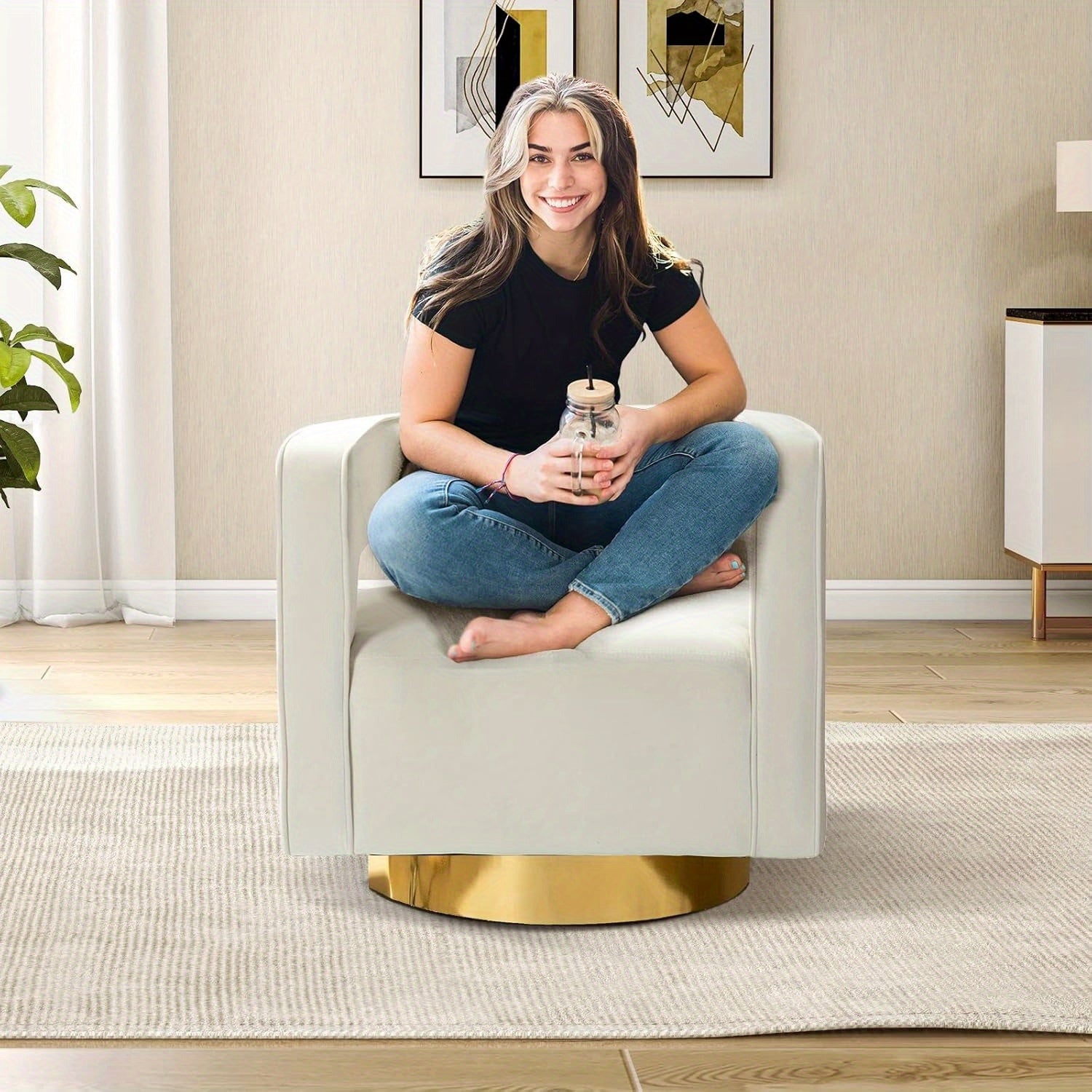 Swivel Accent Barrel Chair, Modern Velvet Armchair with 3D Curved Open Back & Swivel Gold Metal Base, Upholstered Club Chair for Living Room Bedroom Nursery, Ivory (No Assembly Required)