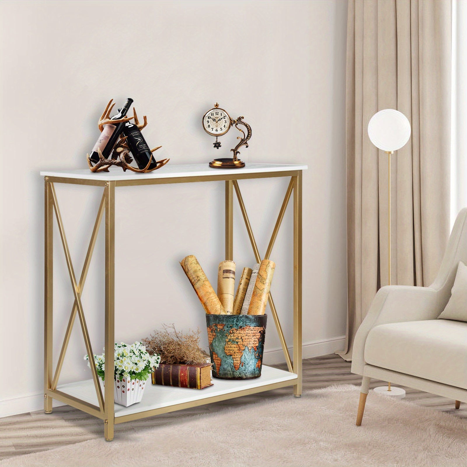 Golden Console Table 2 Tier Entryway Table Hallway Table Narrow Sofa Table with Shelves Entrance Table for Entryway