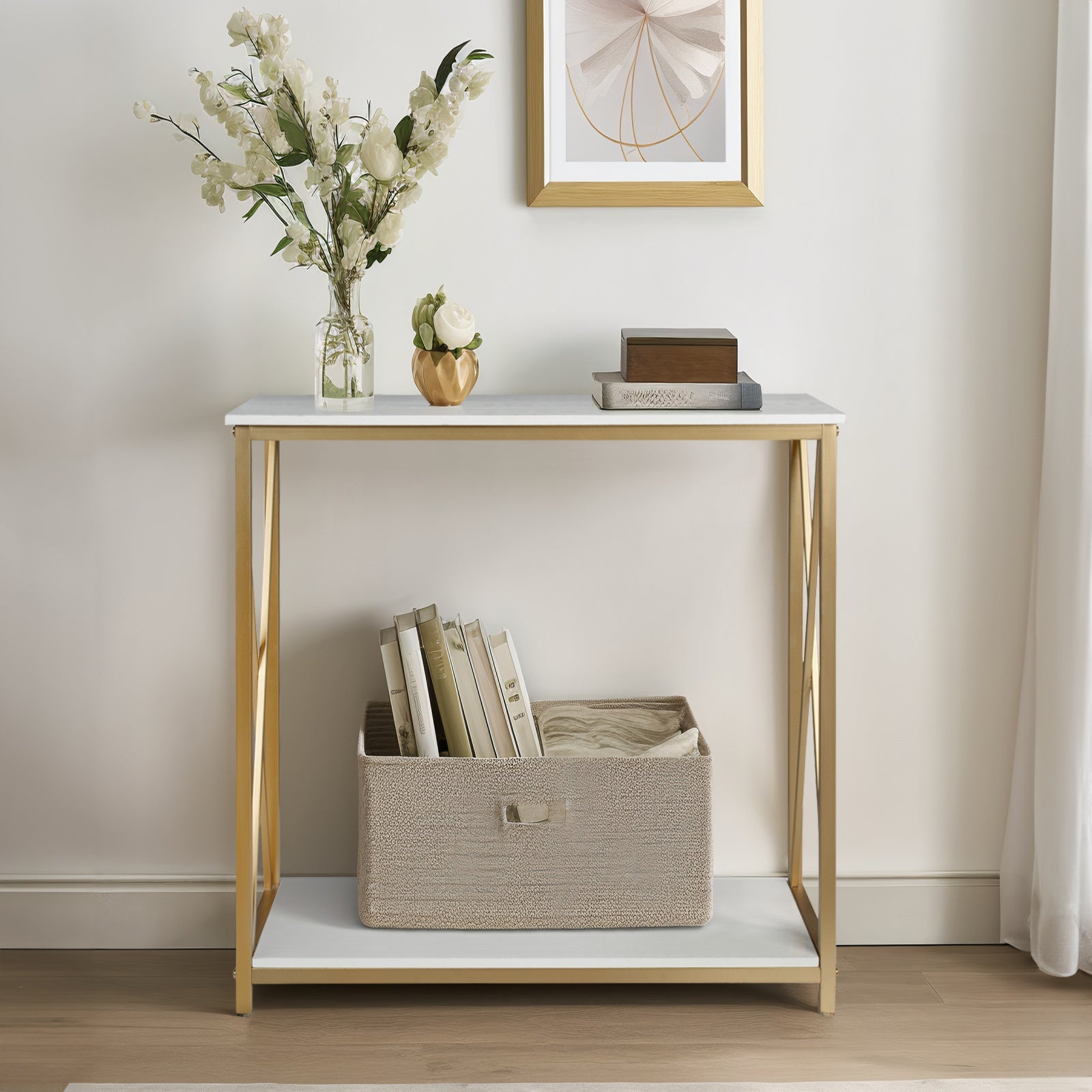 Golden Console Table 2 Tier Entryway Table Hallway Table Narrow Sofa Table with Shelves Entrance Table for Entryway