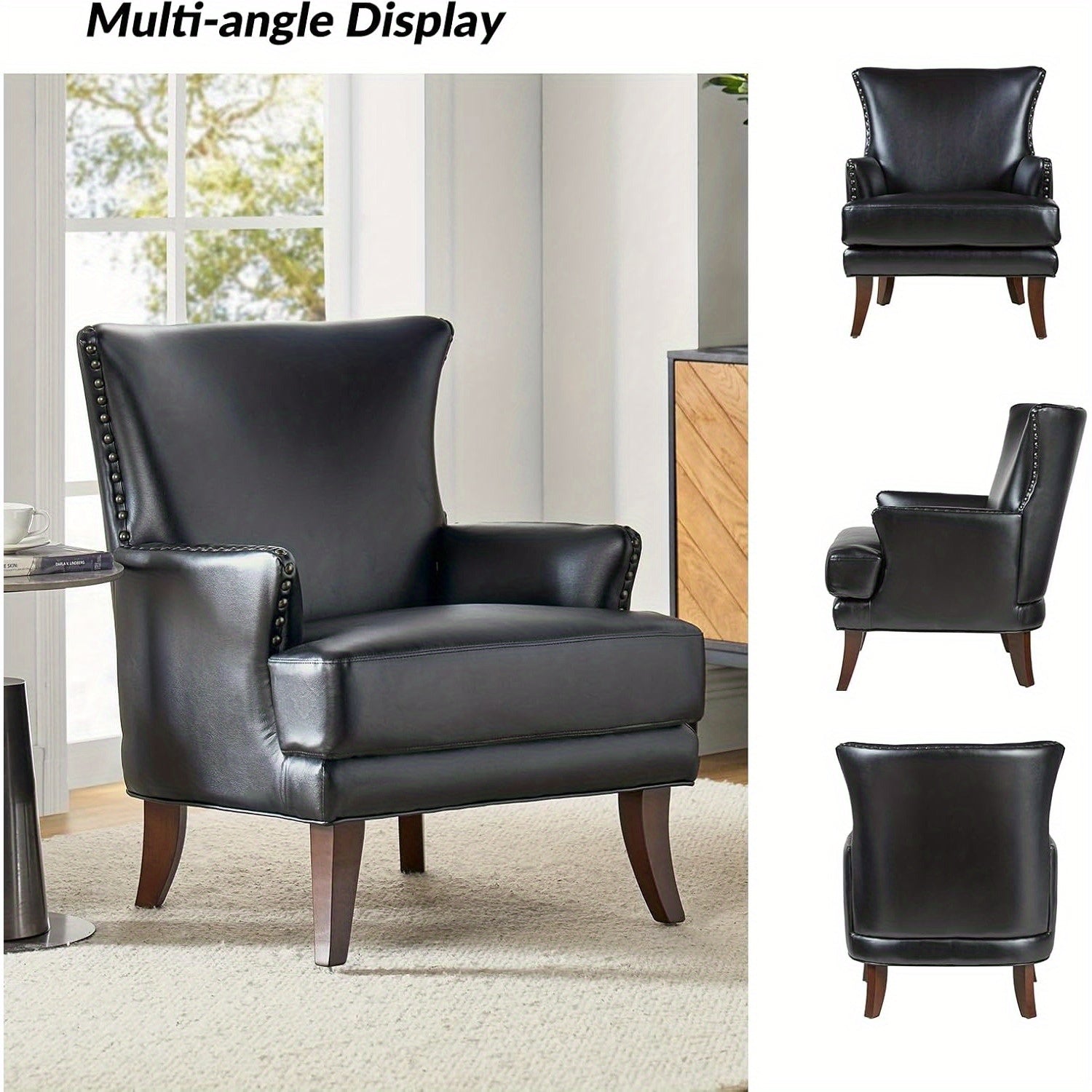 Faux Leather Accent Chair with Arms for Living Room, Modern Leather Single Sofa Armchair with Nailhead Trim, Vegan Leather Wingback Accent Chair Lounge Sofa Chair, Black