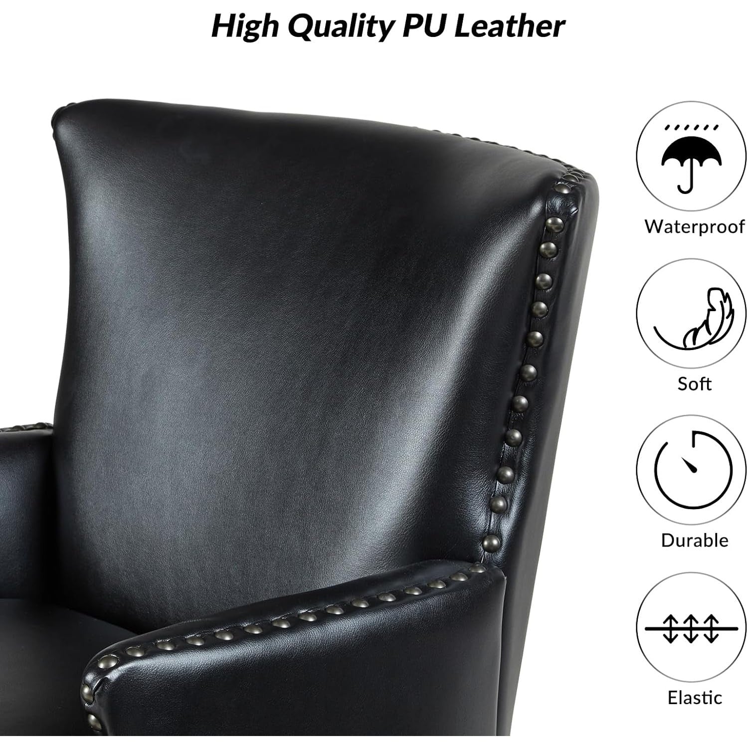 Faux Leather Accent Chair with Arms for Living Room, Modern Leather Single Sofa Armchair with Nailhead Trim, Vegan Leather Wingback Accent Chair Lounge Sofa Chair, Black