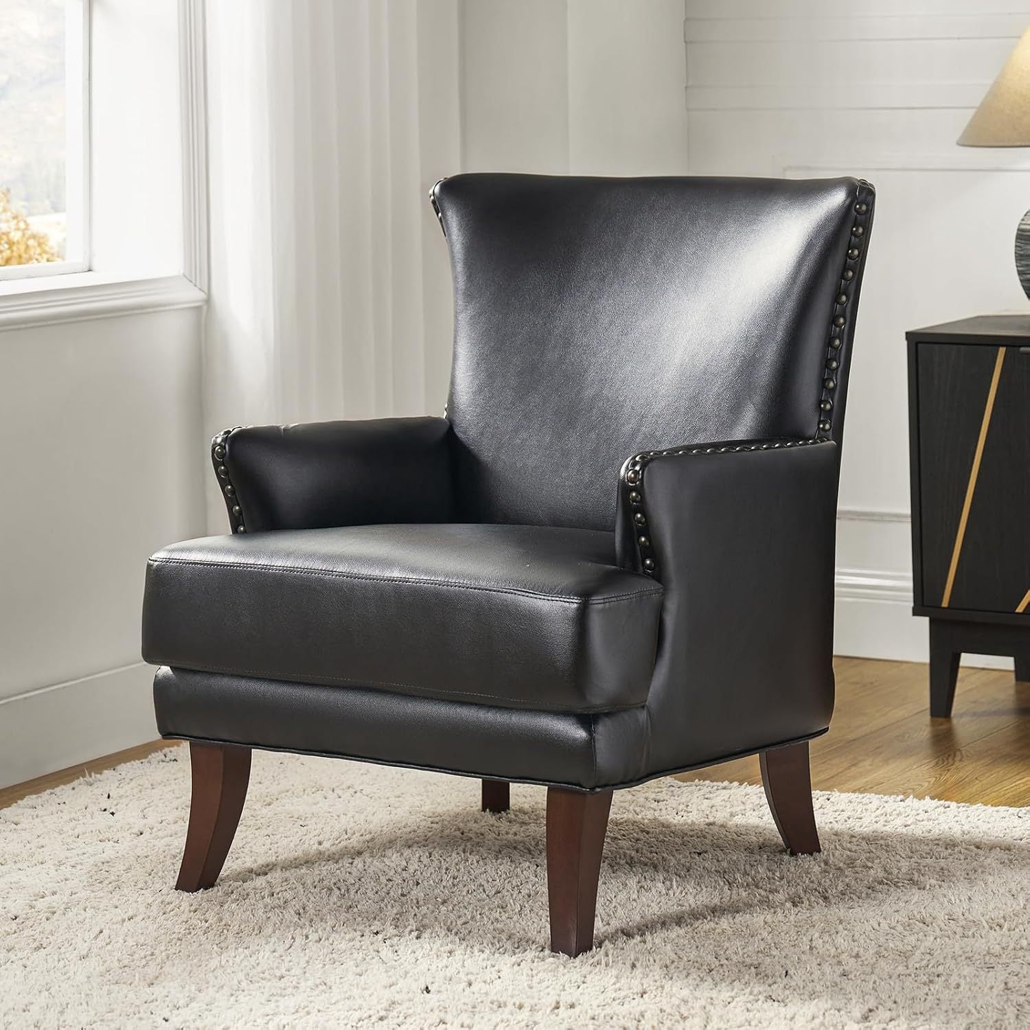 Faux Leather Accent Chair with Arms for Living Room, Modern Leather Single Sofa Armchair with Nailhead Trim, Vegan Leather Wingback Accent Chair Lounge Sofa Chair, Black