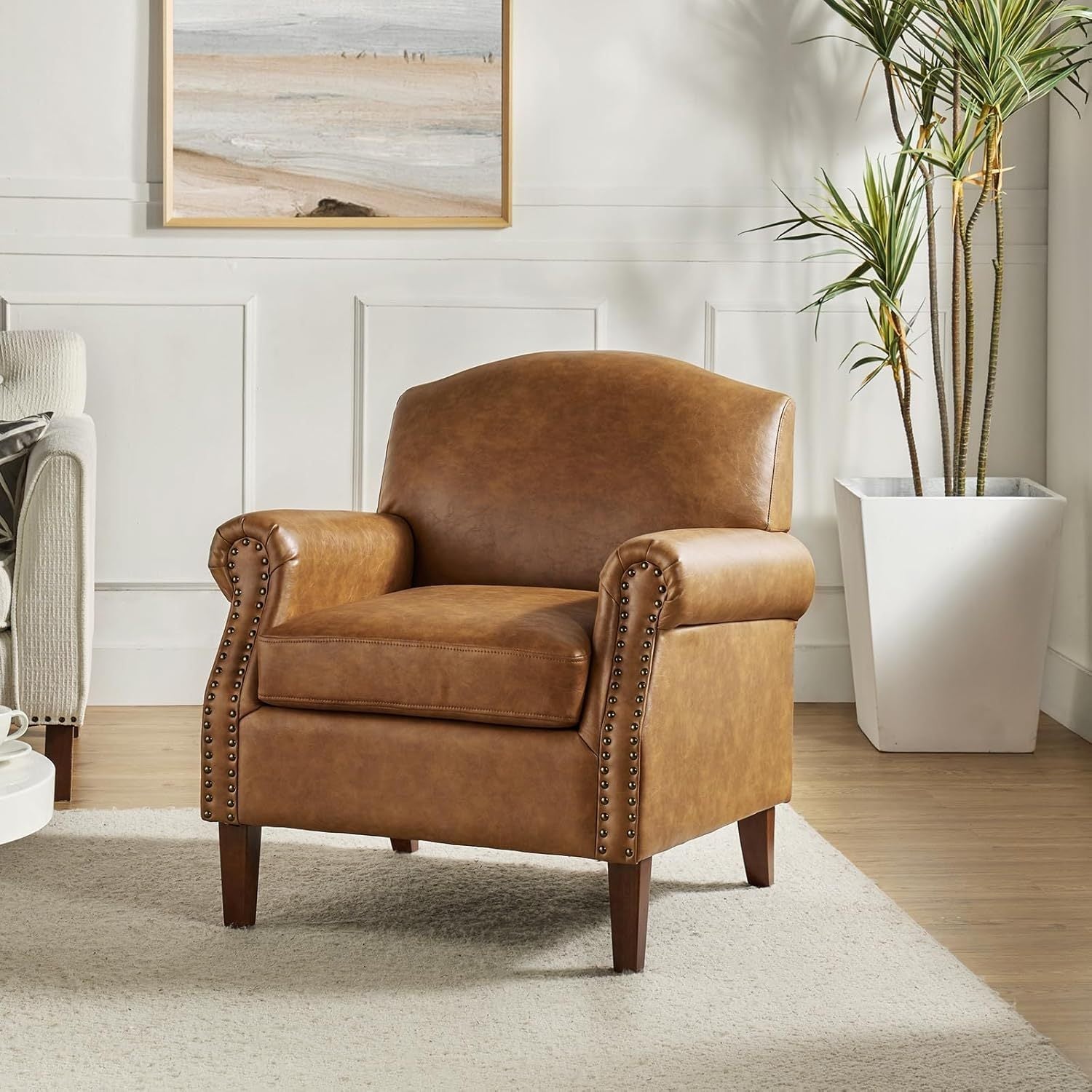 Chic Camel Faux Leather Accent Chair with Retro Wooden Legs - Comfy Upholstered Armchair with Nail Head Trim, Perfect for Living Room or Bedroom