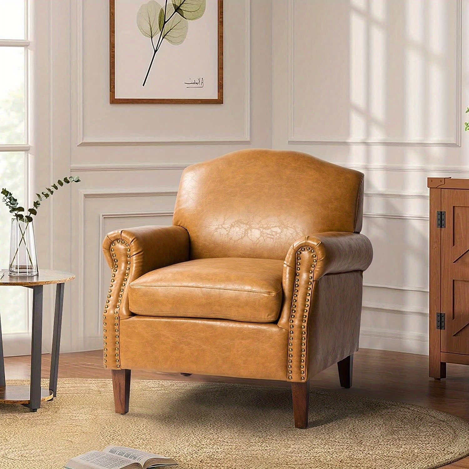 Chic Camel Faux Leather Accent Chair with Retro Wooden Legs - Comfy Upholstered Armchair with Nail Head Trim, Perfect for Living Room or Bedroom