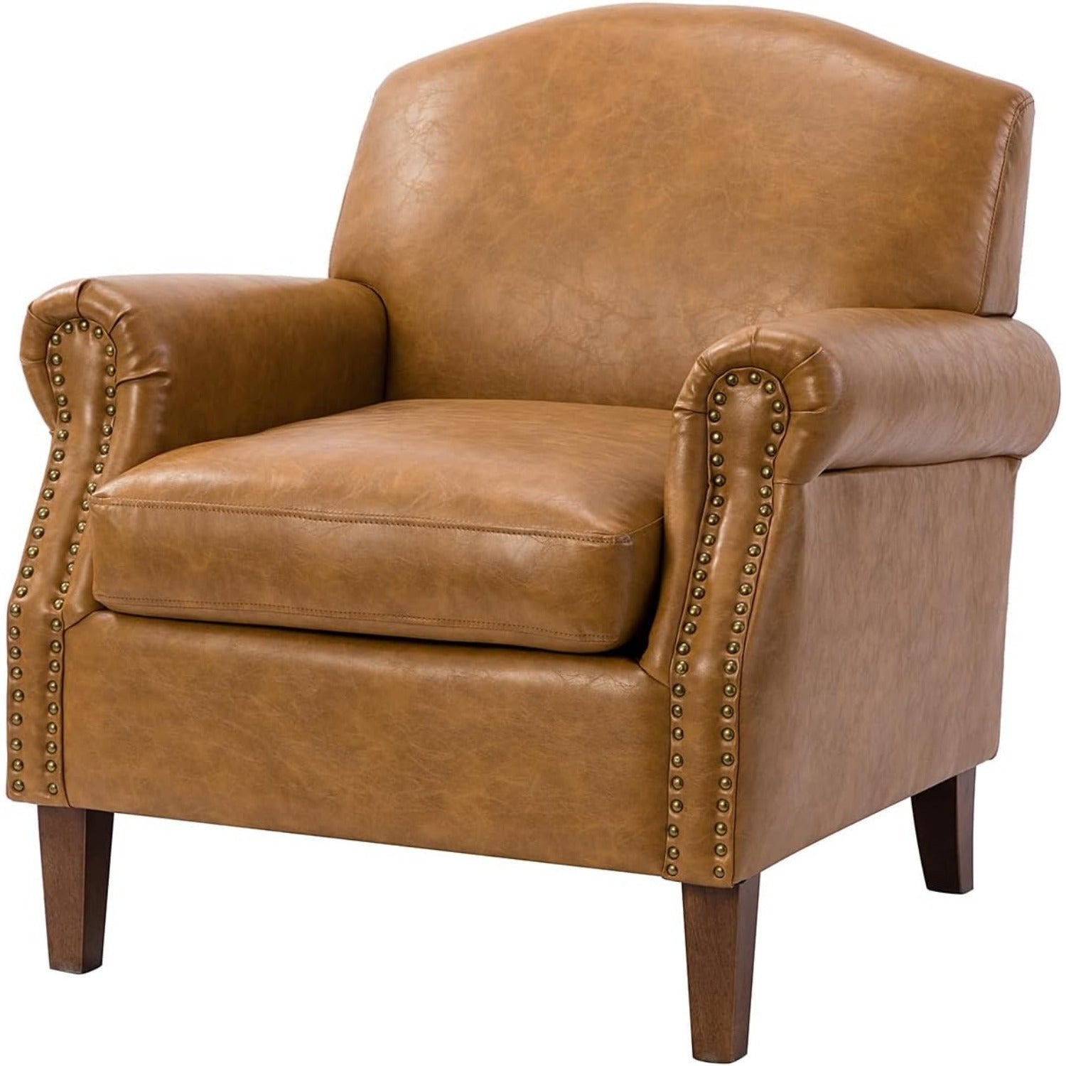 Chic Camel Faux Leather Accent Chair with Retro Wooden Legs - Comfy Upholstered Armchair with Nail Head Trim, Perfect for Living Room or Bedroom