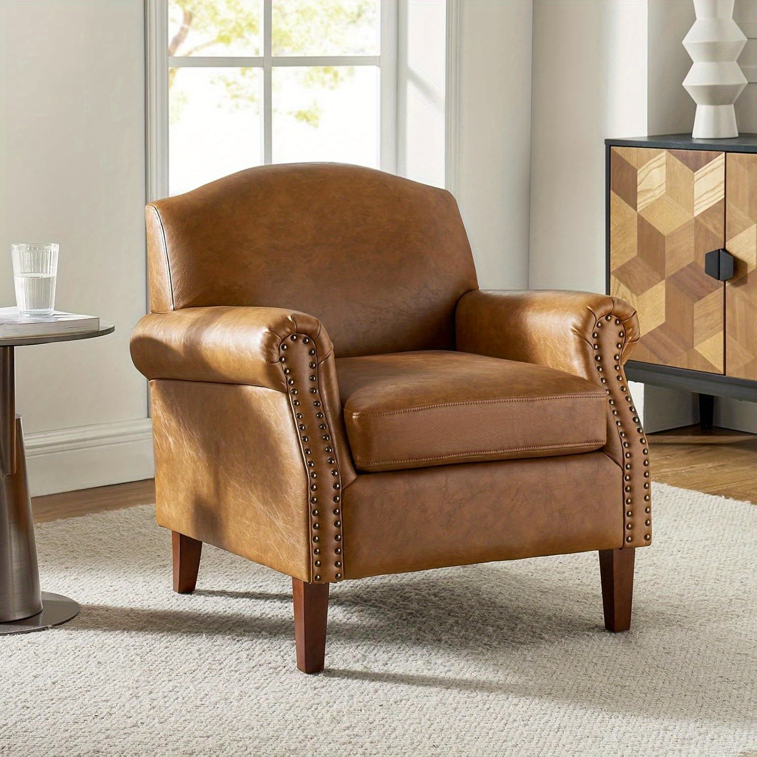 Chic Camel Faux Leather Accent Chair with Retro Wooden Legs - Comfy Upholstered Armchair with Nail Head Trim, Perfect for Living Room or Bedroom