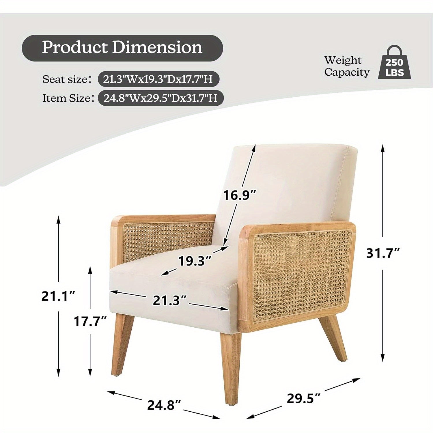 Chic Mid-Century Modern Accent Chair with Rattan Armrests & Solid Wood Legs - Comfy Upholstered Lounge Chair for Living Room, Bedroom, or Reading Area - Beige