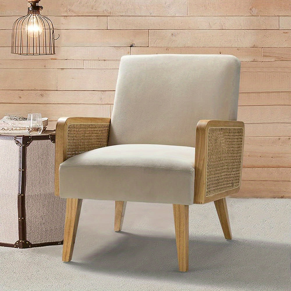 Chic Mid-Century Modern Accent Chair with Rattan Armrests & Solid Wood Legs - Comfy Upholstered Lounge Chair for Living Room, Bedroom, or Reading Area - Beige