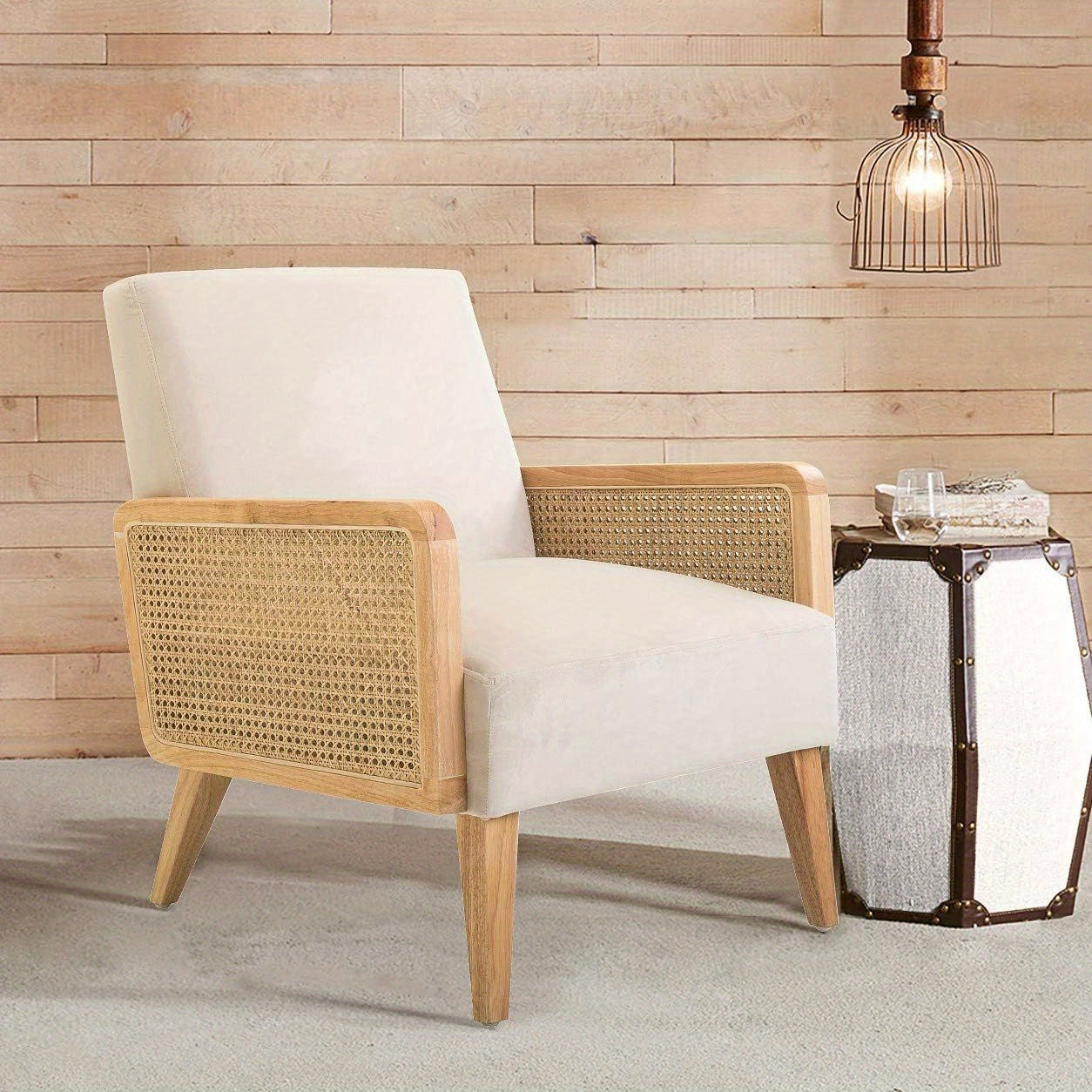 Chic Mid-Century Modern Accent Chair with Rattan Armrests & Solid Wood Legs - Comfy Upholstered Lounge Chair for Living Room, Bedroom, or Reading Area - Beige