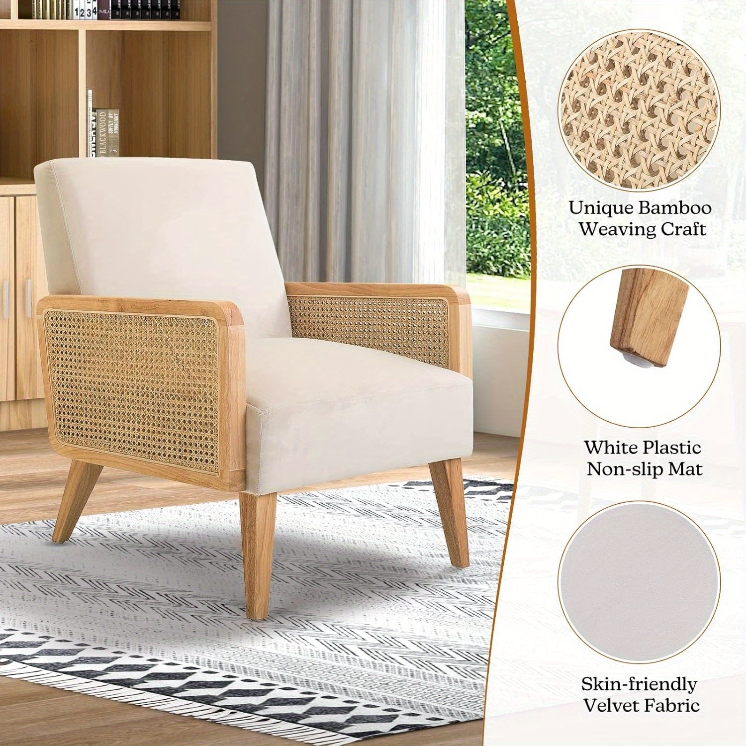 Chic Mid-Century Modern Accent Chair with Rattan Armrests & Solid Wood Legs - Comfy Upholstered Lounge Chair for Living Room, Bedroom, or Reading Area - Beige