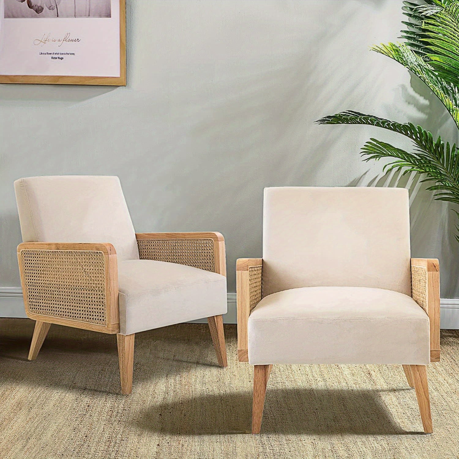 Chic Mid-Century Modern Accent Chair with Rattan Armrests & Solid Wood Legs - Comfy Upholstered Lounge Chair for Living Room, Bedroom, or Reading Area - Beige