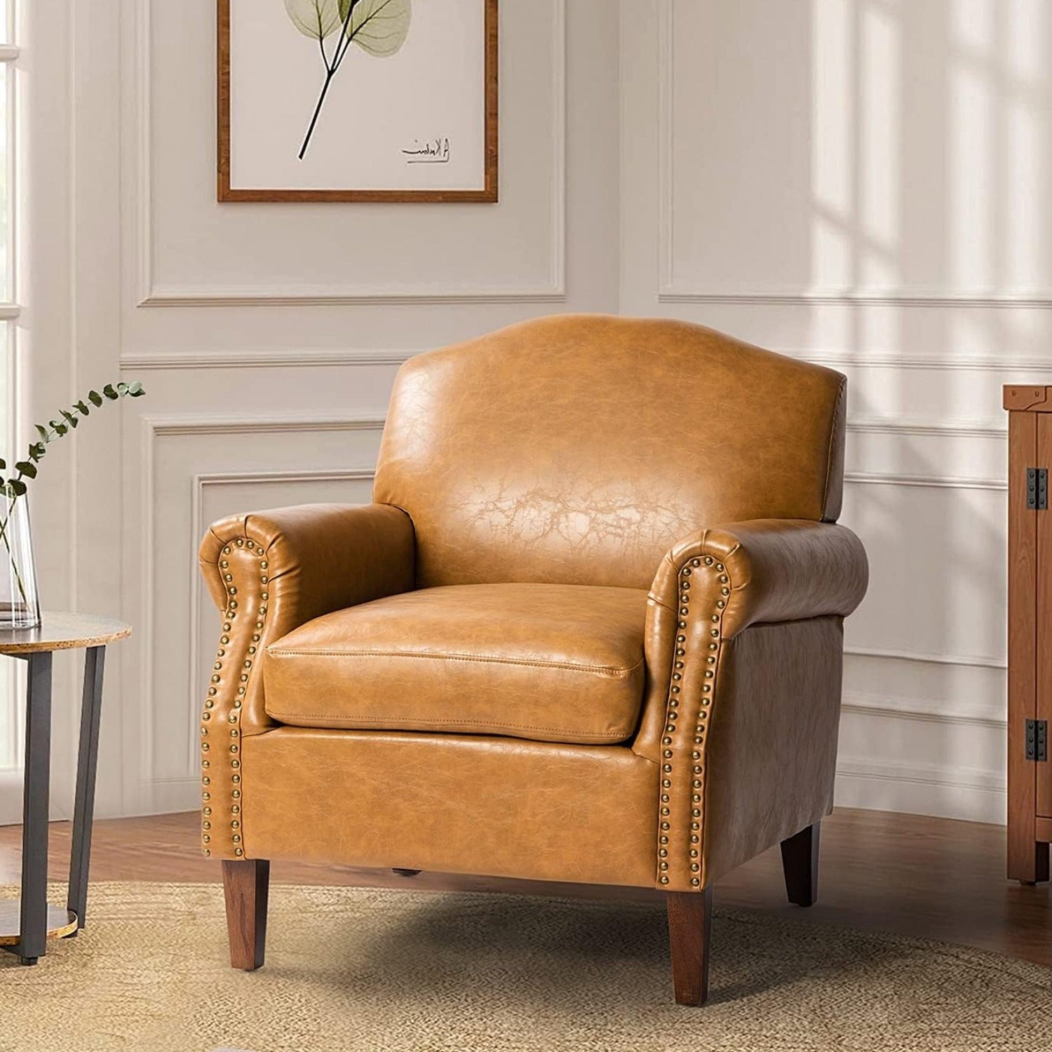 Chic Camel Faux Leather Accent Chair with Retro Wooden Legs - Comfy Upholstered Armchair with Nail Head Trim, Perfect for Living Room or Bedroom