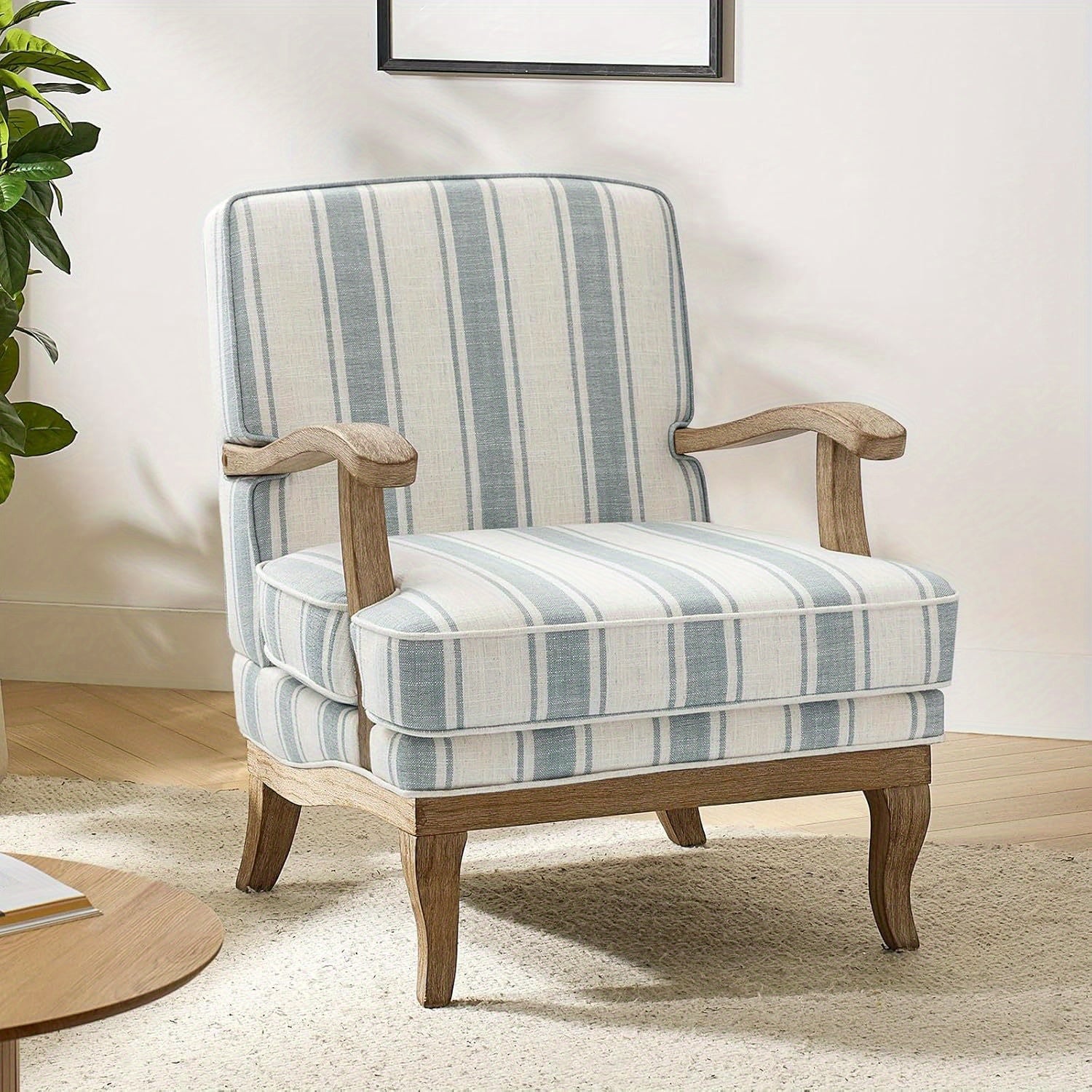 Upholstered Accent Chair, Mid-Century Modern Striped Chair with Graceful Curves and Wooden Legs, Comfy Lounge Armchair Striped Accent Chairs for Living Room, Bedroom (Blue)