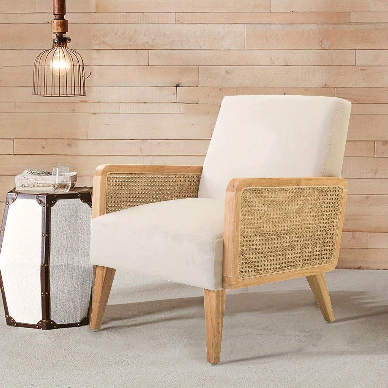 Chic Mid-Century Modern Accent Chair with Rattan Armrests & Solid Wood Legs - Comfy Upholstered Lounge Chair for Living Room, Bedroom, or Reading Area - Beige