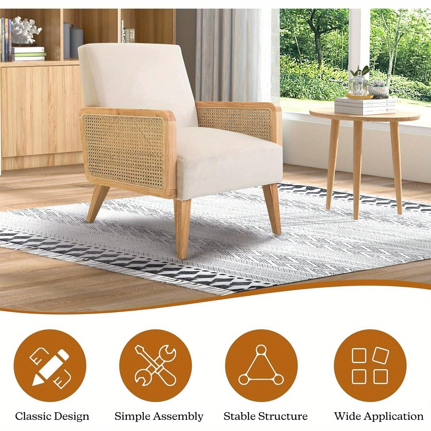 Chic Mid-Century Modern Accent Chair with Rattan Armrests & Solid Wood Legs - Comfy Upholstered Lounge Chair for Living Room, Bedroom, or Reading Area - Beige