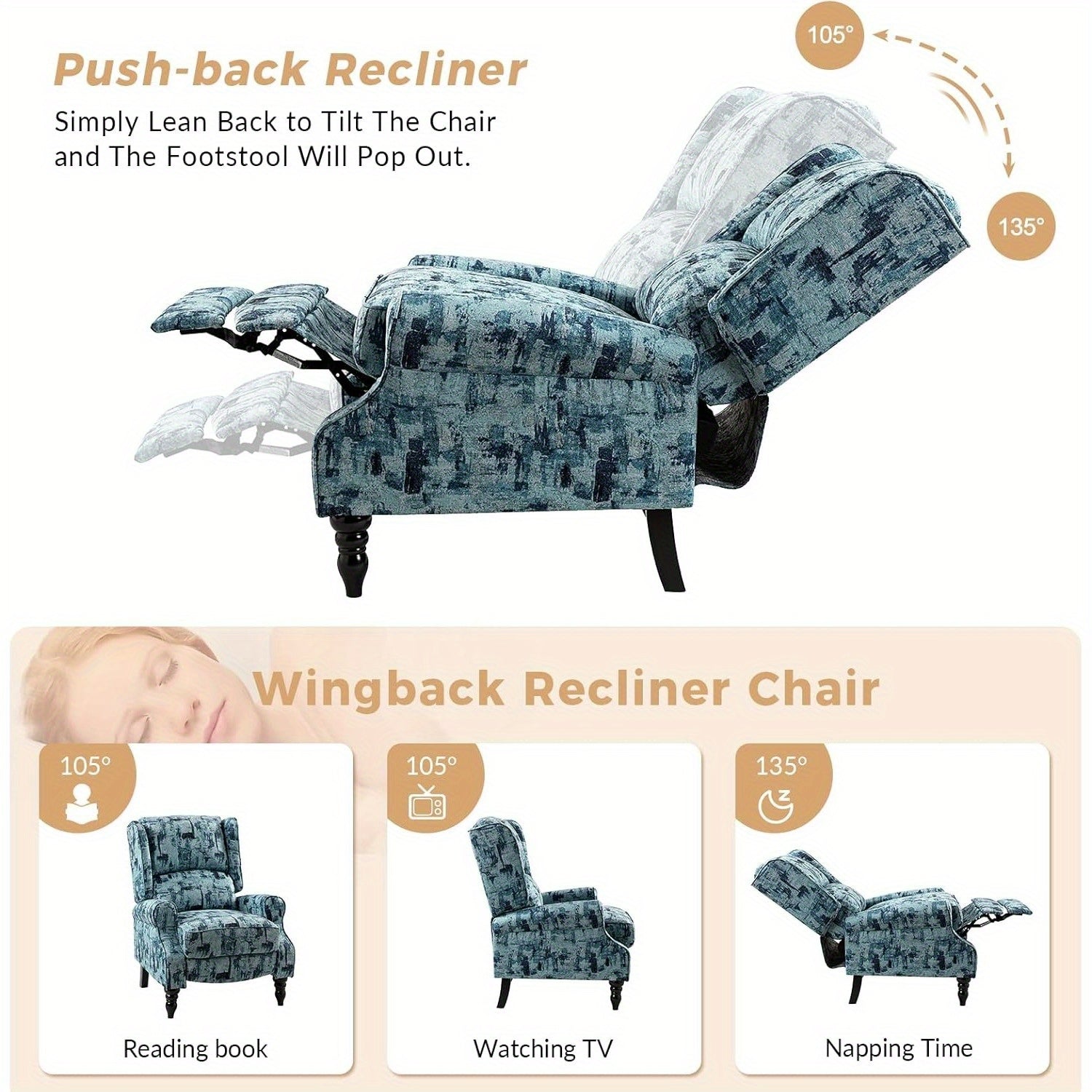 Upholstered Wingback Recliner Chair, Small Adjustable Footrest Push Back Single Reclining Sofa, Mid Century Modern Lounge Armchair for Living Room, Bedroom, Reading/ Blue