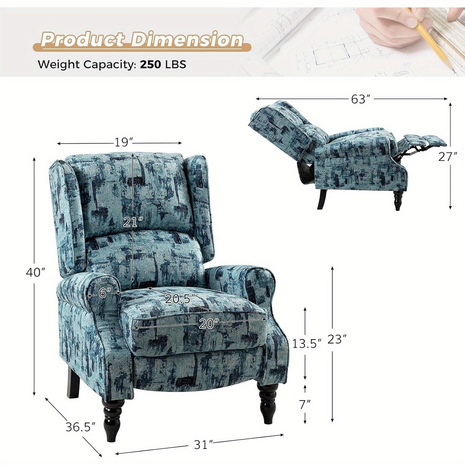 Upholstered Wingback Recliner Chair, Small Adjustable Footrest Push Back Single Reclining Sofa, Mid Century Modern Lounge Armchair for Living Room, Bedroom, Reading/ Blue