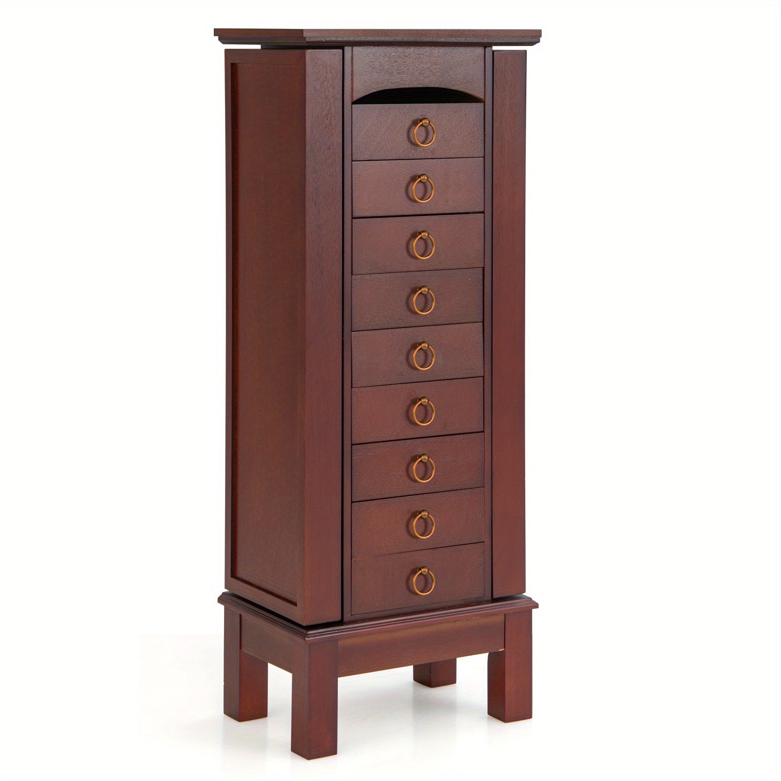 Standing Jewelry Armoire, Large Capacity Jewelry Storage Cabinet w/ 9 Drawers, 8 Necklace Hooks & 2 Shelves, Jewelry Box Organizer w/ Flip Top Makeup Mirror & 2 Side Doors, Walnut