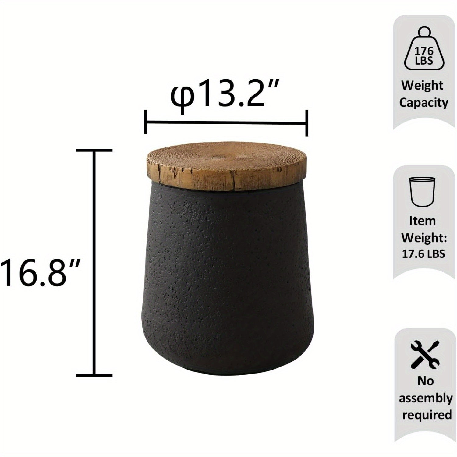 Black Cylinder-Shaped Concrete Side Table with Wood Grain Top, Waterproof Outdoor Patio End Table, 12.5" x 12.5" x 15, Outdoor Table