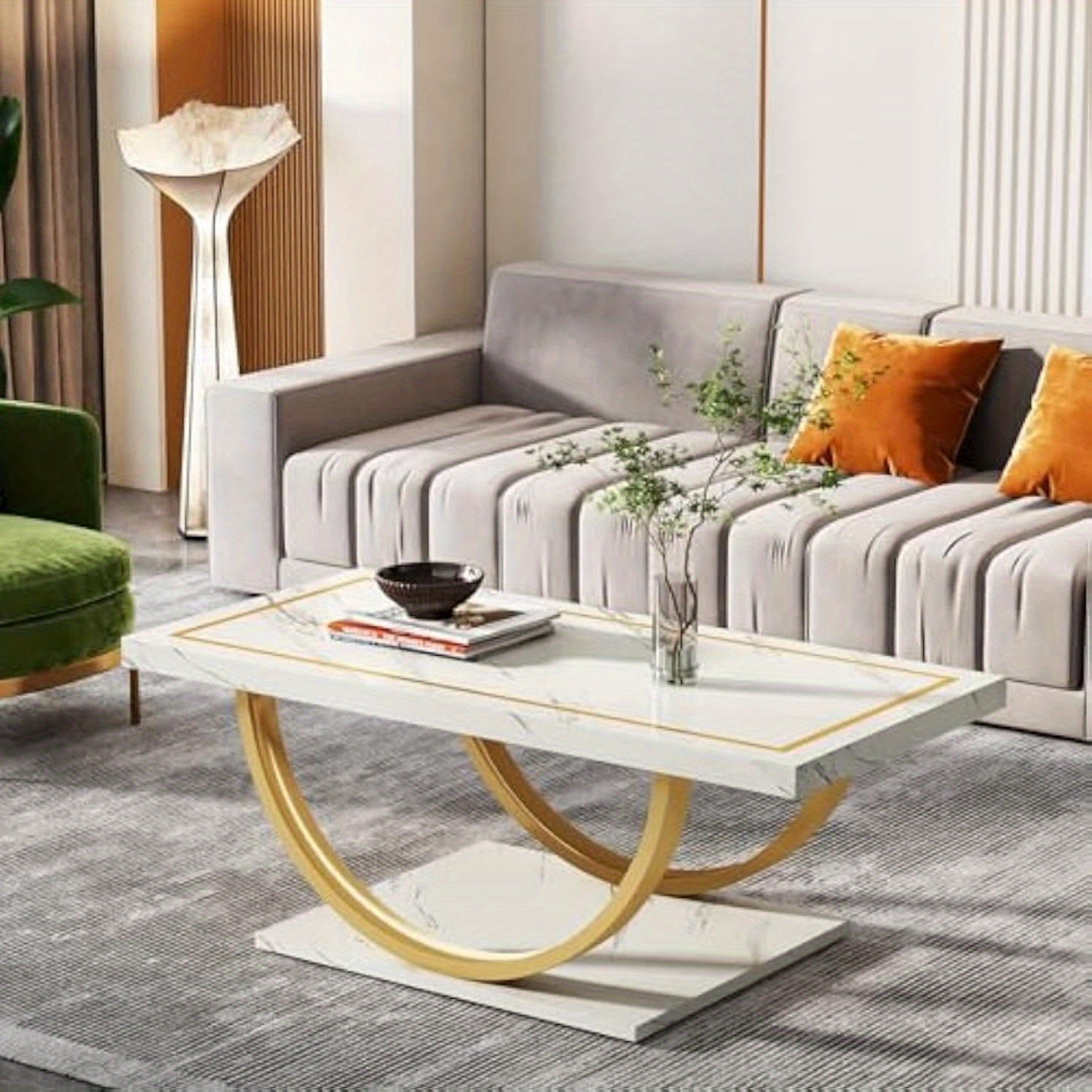 Modern Coffee Table White Gold Coffee Table Rectangle Coffee Table for Living Room, Christmas Renewal Engineered Wood Coffee Table with Faux Marble Veneer and Heavy Duty Metal Frame